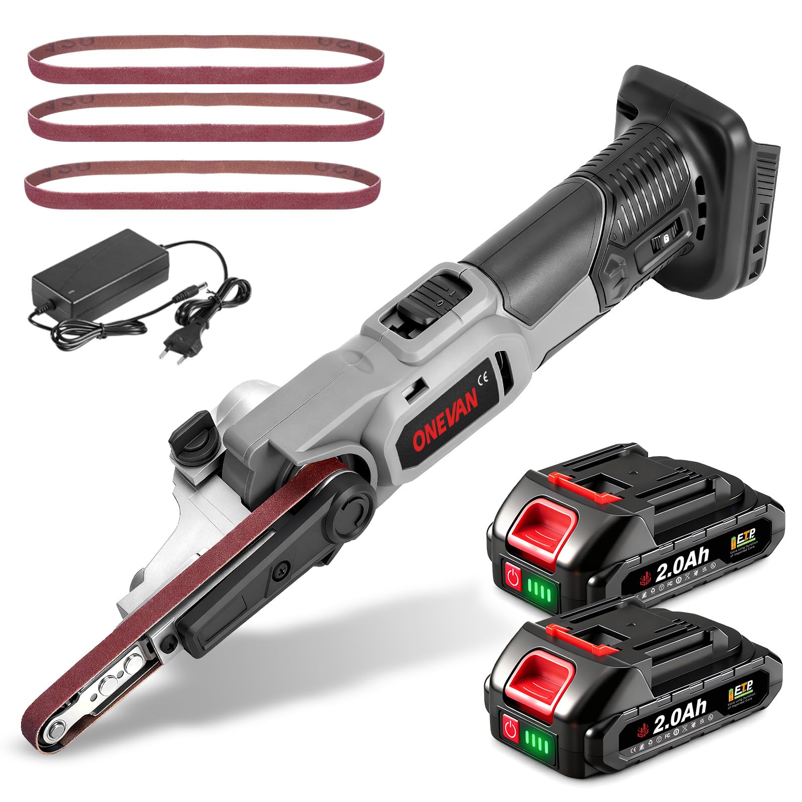 ONEVAN levigatrice a nastro senza fili, lima elettrica con 2 batterie da 2000 mAh, 6 velocità, regolabile a 35°, smerigliatrice a nastro a batteria per legno, metallo, incl. 3 nastri abrasivi