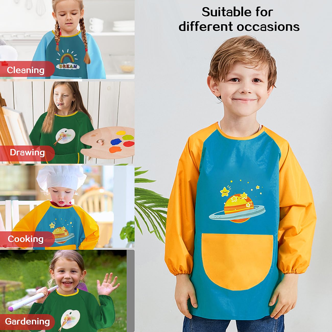 MESU Kids Art Smocks Long Sleeve Apron Waterproof Artist Painting Children Apron Green Planet M, Fit Height 80-100cm - Image 2