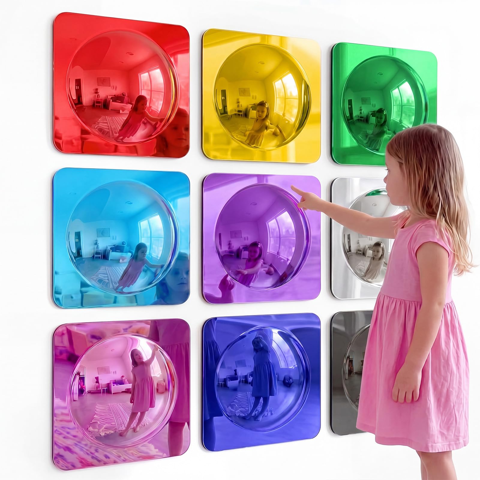 Geiserailie 9 Pcs Acrylic Sensory Wall Bubble Mirror Color Convex Mirror Toys for Preschool Classroom, Daycare Calming Corner Supplies Pet Enrichment (10 x 10 Inch,Multicolor)