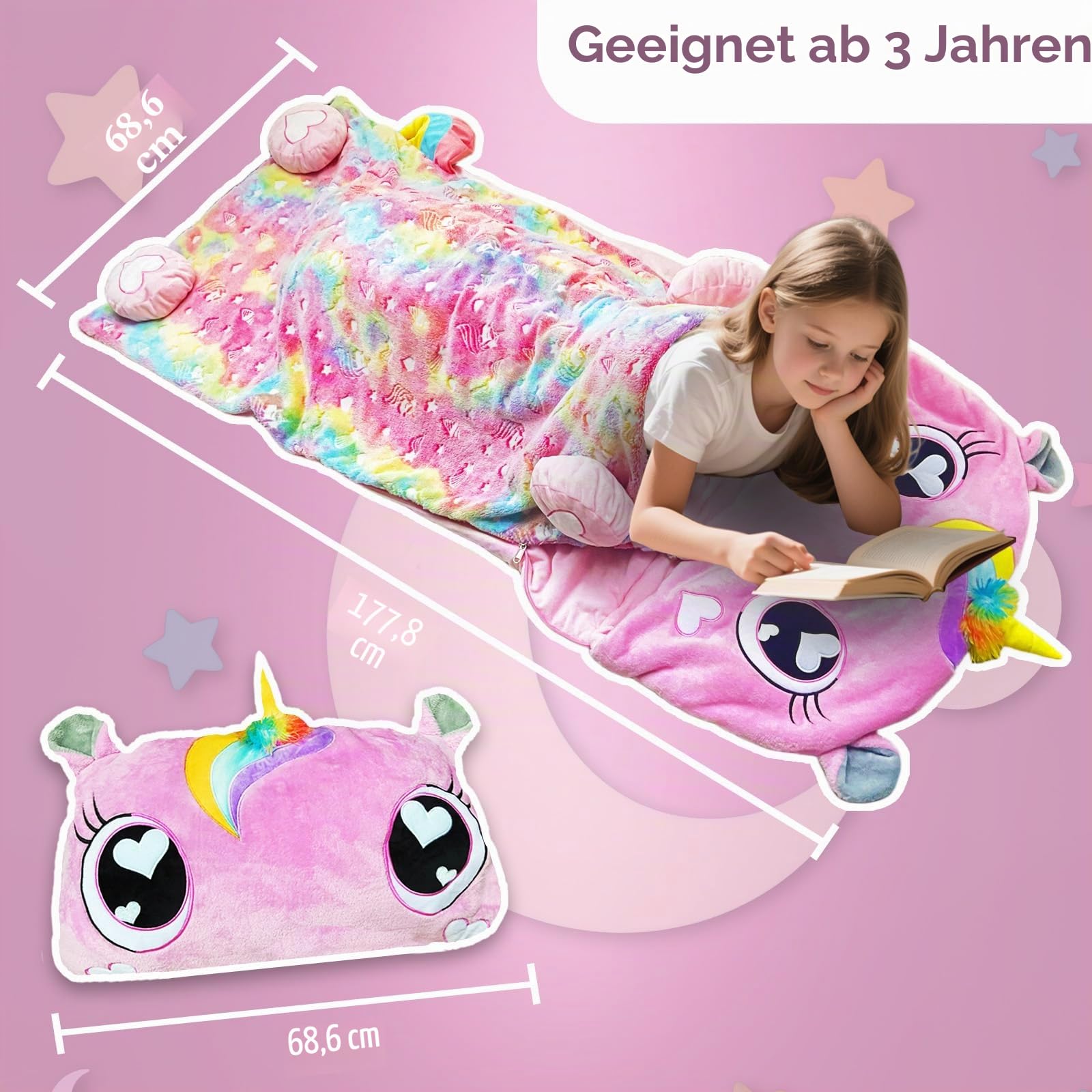 Kinder-Schlafsack Unicorn Slumber Bag für Mädchen und Jungen, tragbare Kleinkind-Schlafmatte, 3–12 Jahre, Rosa