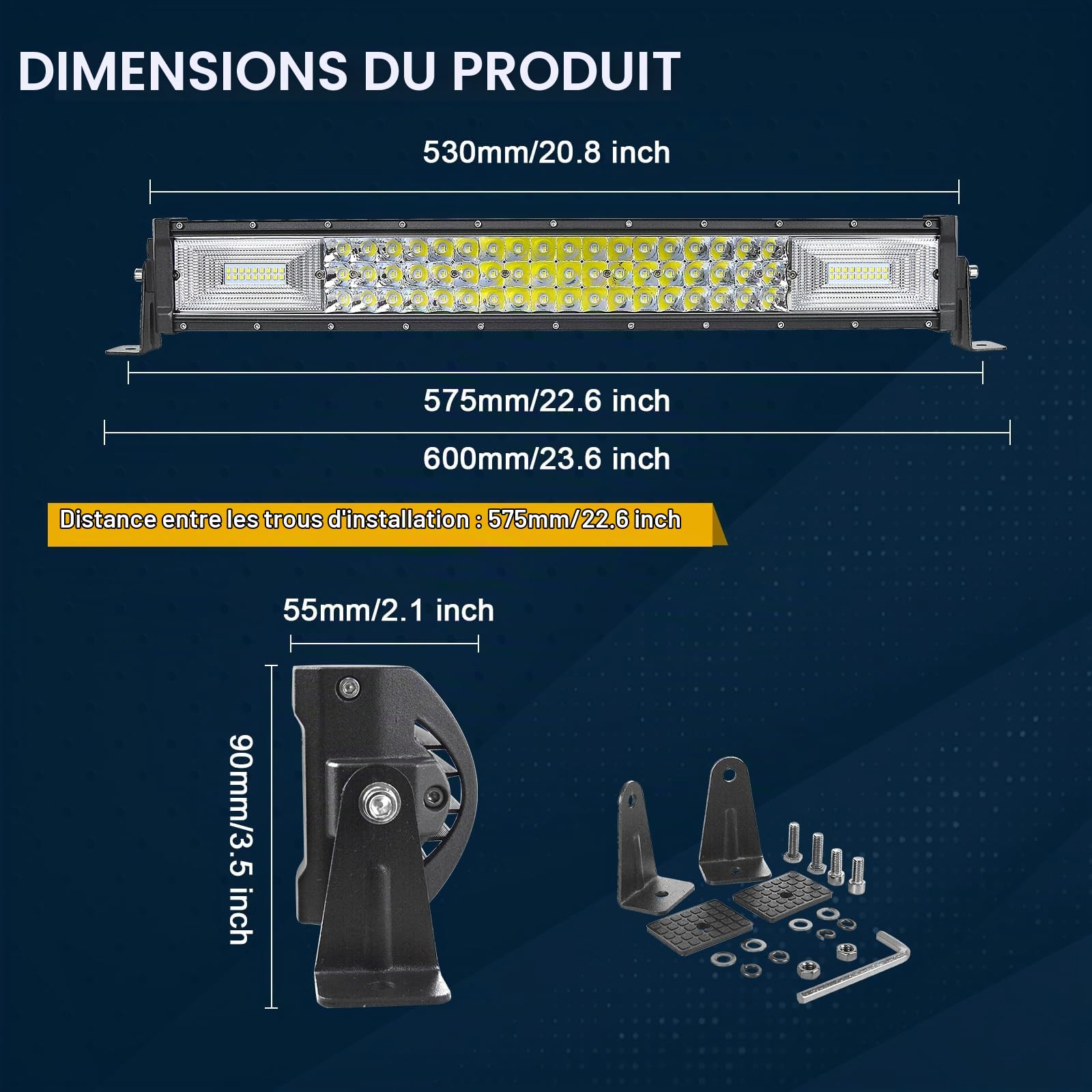 RIGIDON 22 pouces 55cm 270W slim barre de led 4x4, 6000K feu antibrouillard | 12V 24V, droit, étanche, triple rangée, barre lumineuse led, pour offroad Véhicules Voiture camions SUV ATV bateau, éclairage