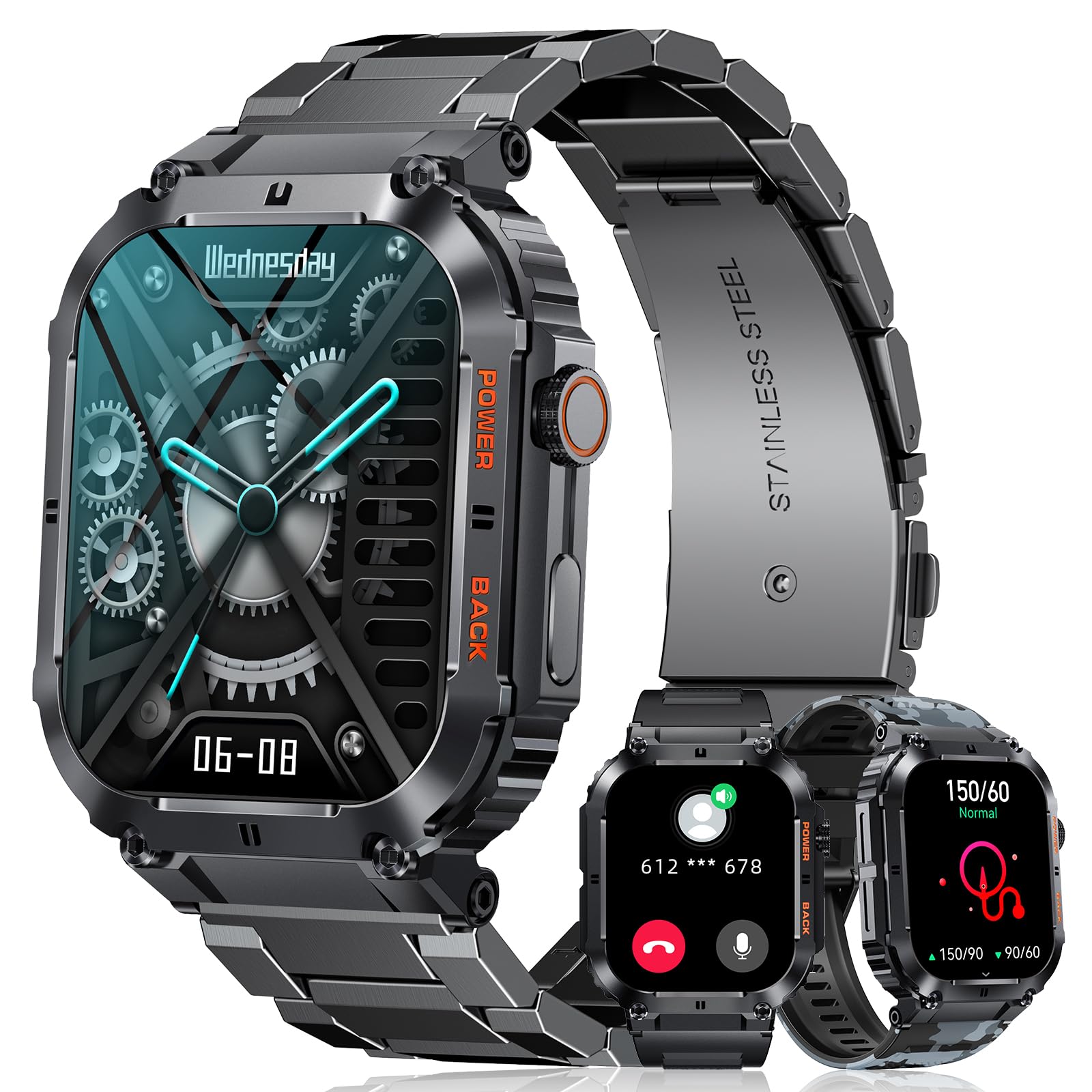 MEGALITH Reloj Inteligente Hombre Llamadas: 1.96" IPS Bluetooth Compatible Android iOS - Deportivo Impermeable Podometro Presion Arterial Relojes