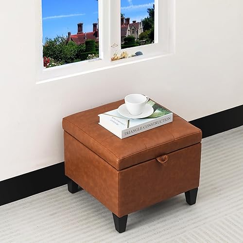 Miniatura 2 de Otomana de almacenamiento de poliuretano de 17.5 pulgadas, reposapiés cuadrado con asiento acolchado de espuma, color marrón