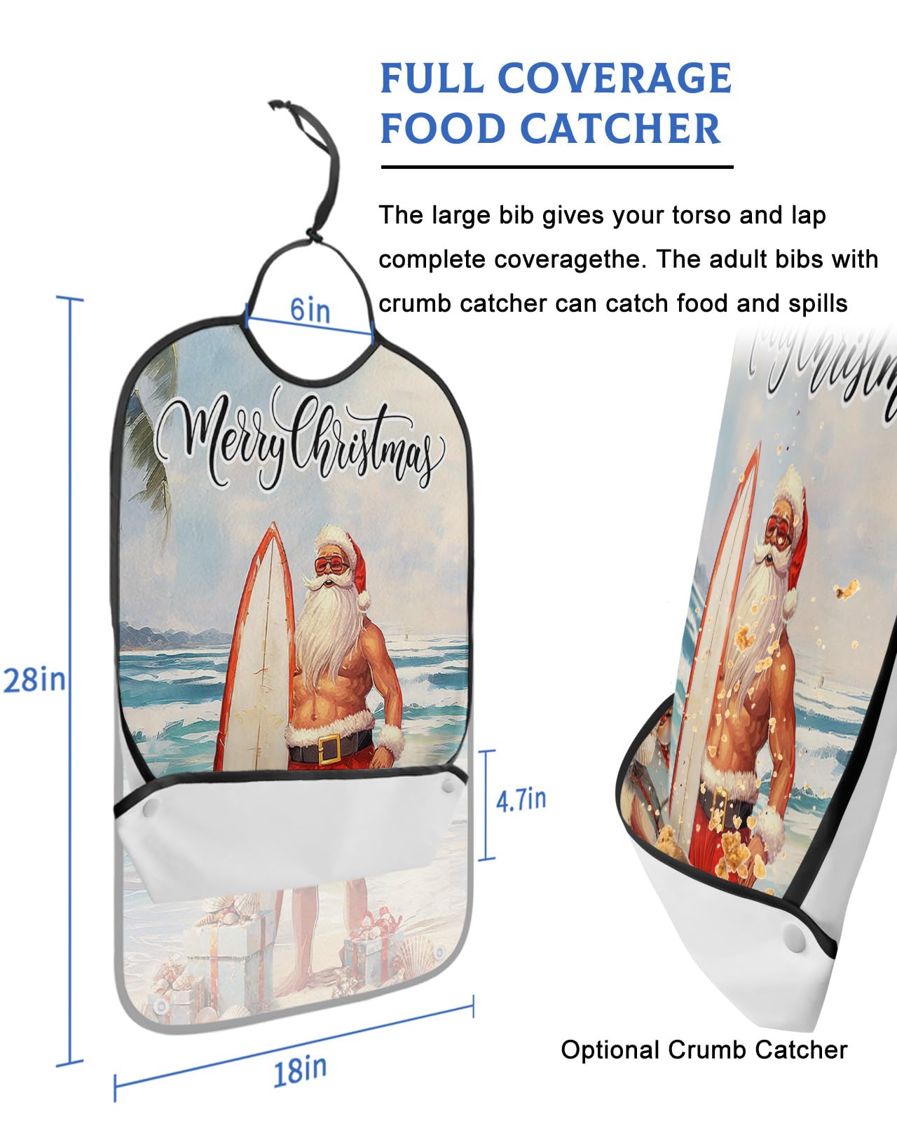 Jolunifun Christmas Summer Adult Bib for Adults Men, Women, Washable & Adjustable Terry Cloth Bib with Crumb Catcher Reusable Waterproof Clothing Clothes Protector Apron Beach Santa Surfboard Painted