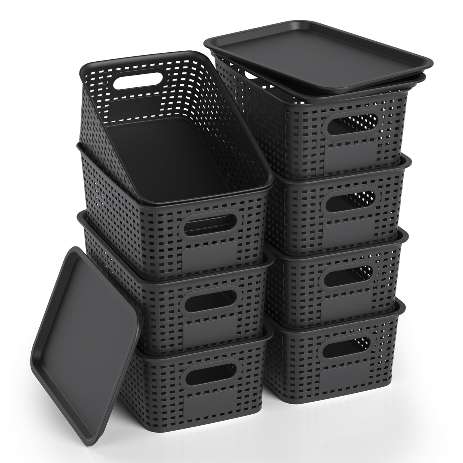 ZFTMRR Plastic Storage Basket with Lid, Stackable Small Box Bins for Organizing and Containers for Shelves Drawers Desktop Closet Playroom Pantry