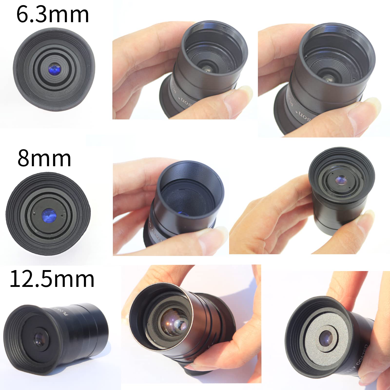 Set di oculari per telescopio Plossl da 1,25 pollici, 6,3 mm, 8 mm, 12,5 mm, obiettivo telescopico completamente rivestito, filettato per filtri astronomici standard da 3,2 cm, fotocamera telescopica,