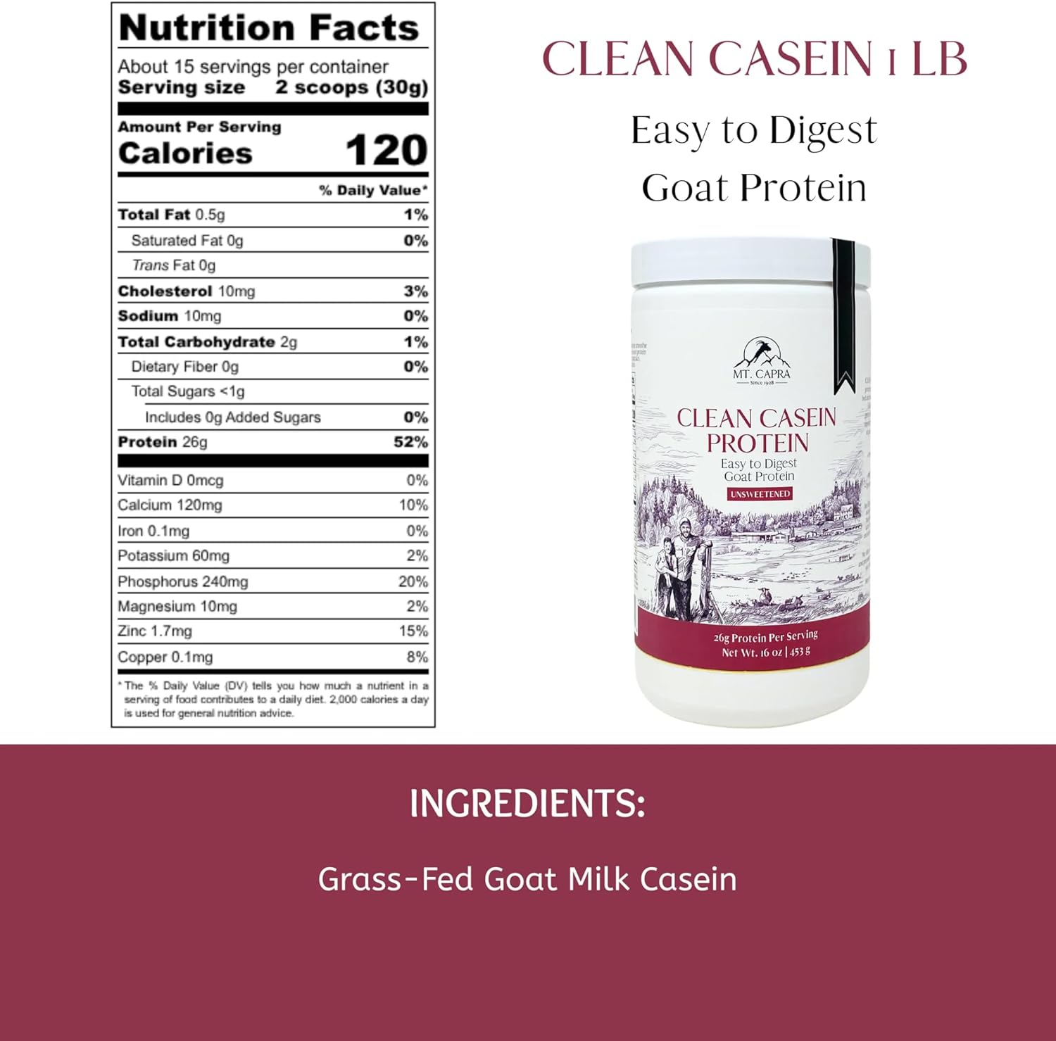 Clean Casein Protein by Mt. Capra | Easy-to-Digest Goat Casein Protein, 26 G Protein, Slow-Digesting Protein | Unsweetened, 1 lb (15 Servings)