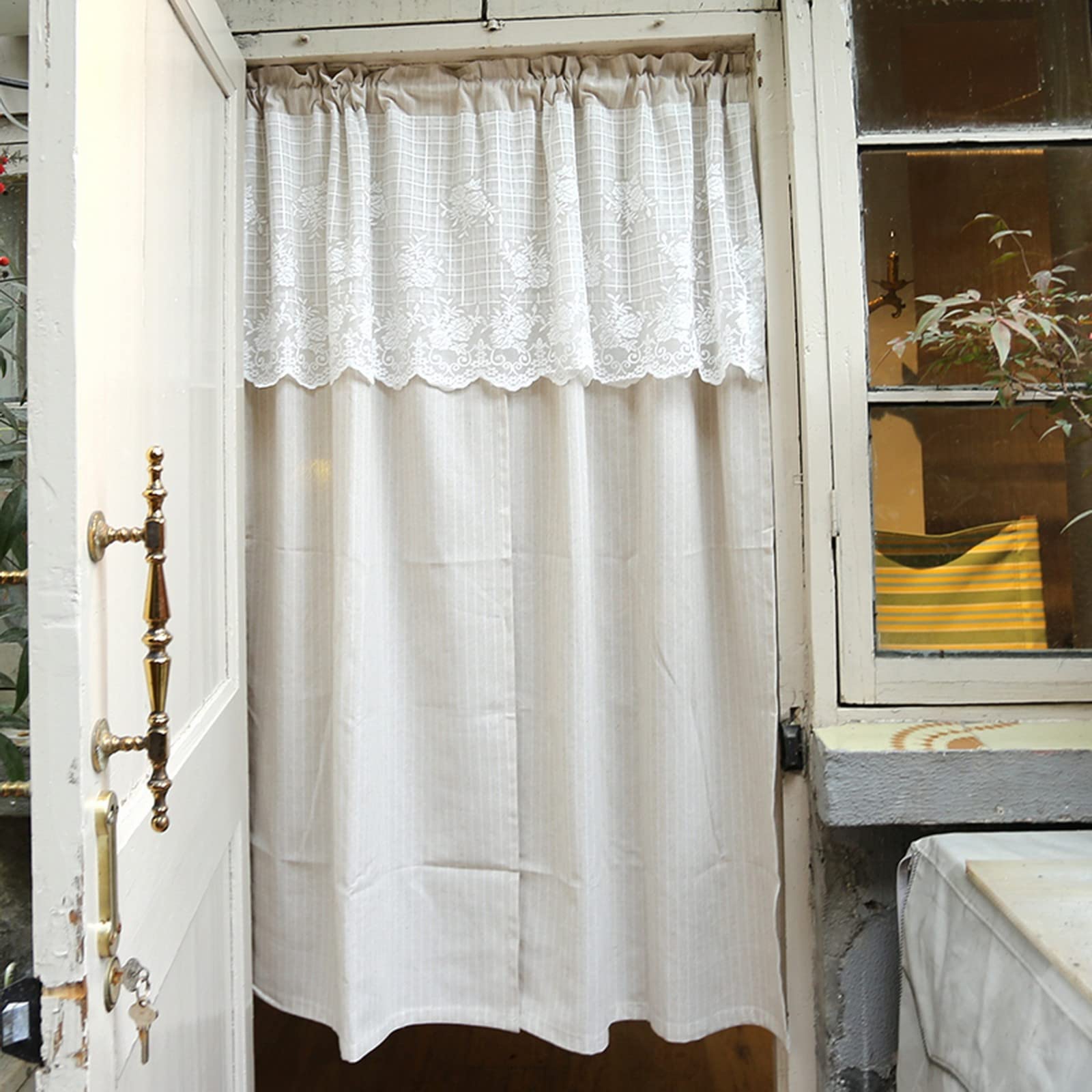 A.Monamour Gardine Scheibengardinen Kurzstores Blickdichte Baumwolle Beige Gestreift Mit Floraler Spitze Kurzvorhang Kurzgardinen Küchengardine Küche Vorhang Fenster Kurz Stores Bistrogardine