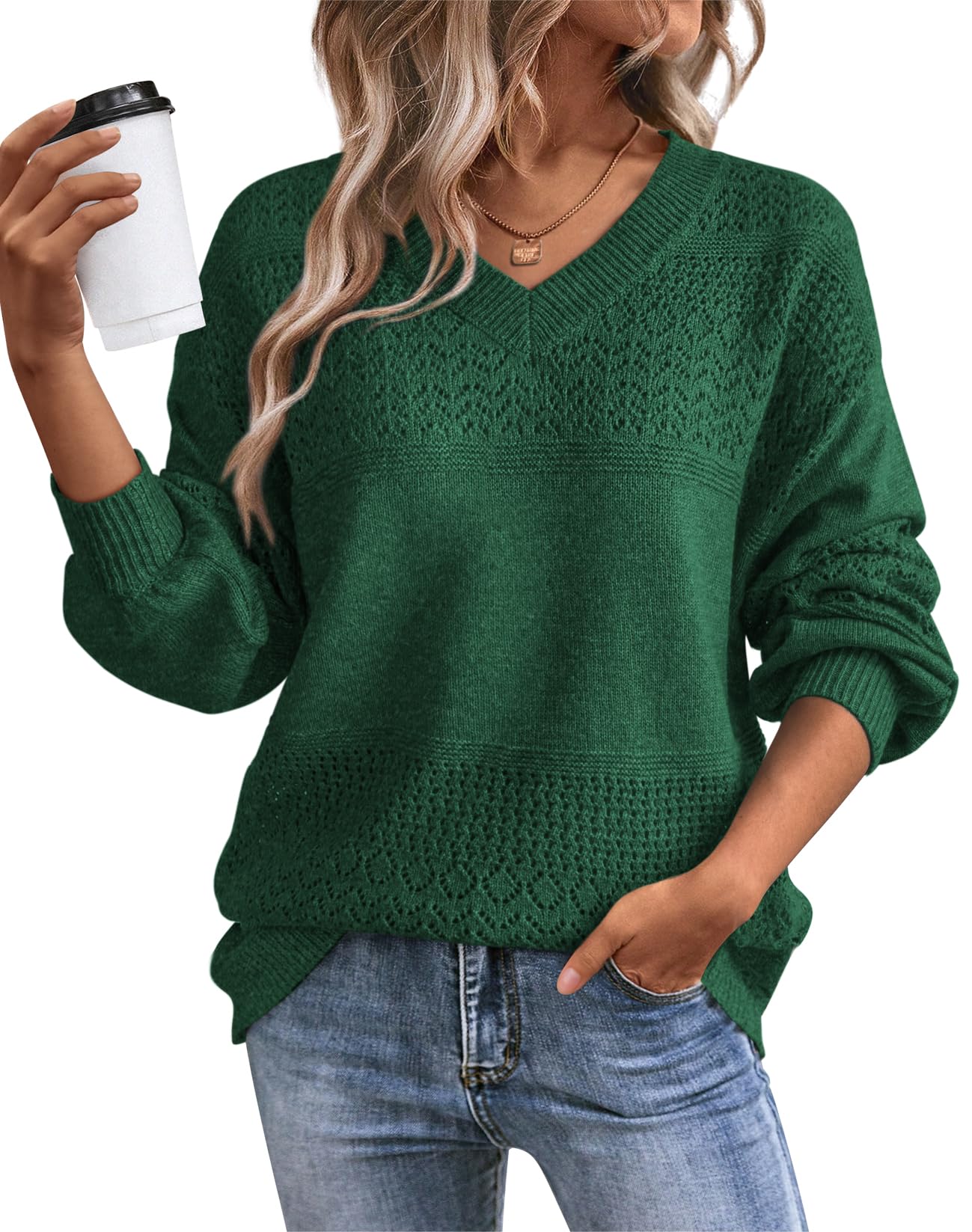 ATHMILE Sweaters for Women Fall Outfits Oversized Long Sleeve V Neck Crochet Sweaters Lightweight Knit Pullover Jumper