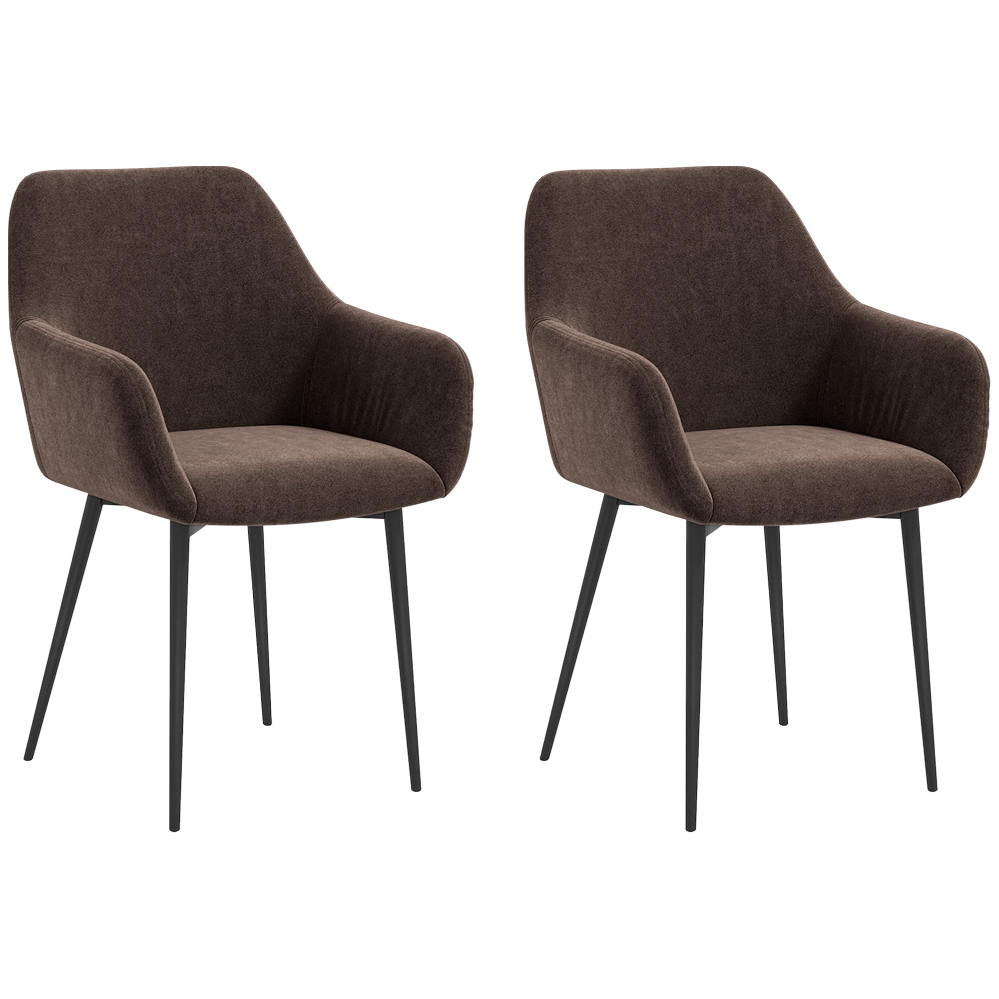 HOMCOM Set 2 Sedie Sala da Pranzo Imbottite in Stile Nordico, Sedie Cucina in Tessuto, Poltrona Imbottita con Braccioli e Gambe in Acciaio per Soggiorno, 54x57x80 cm, Marrone