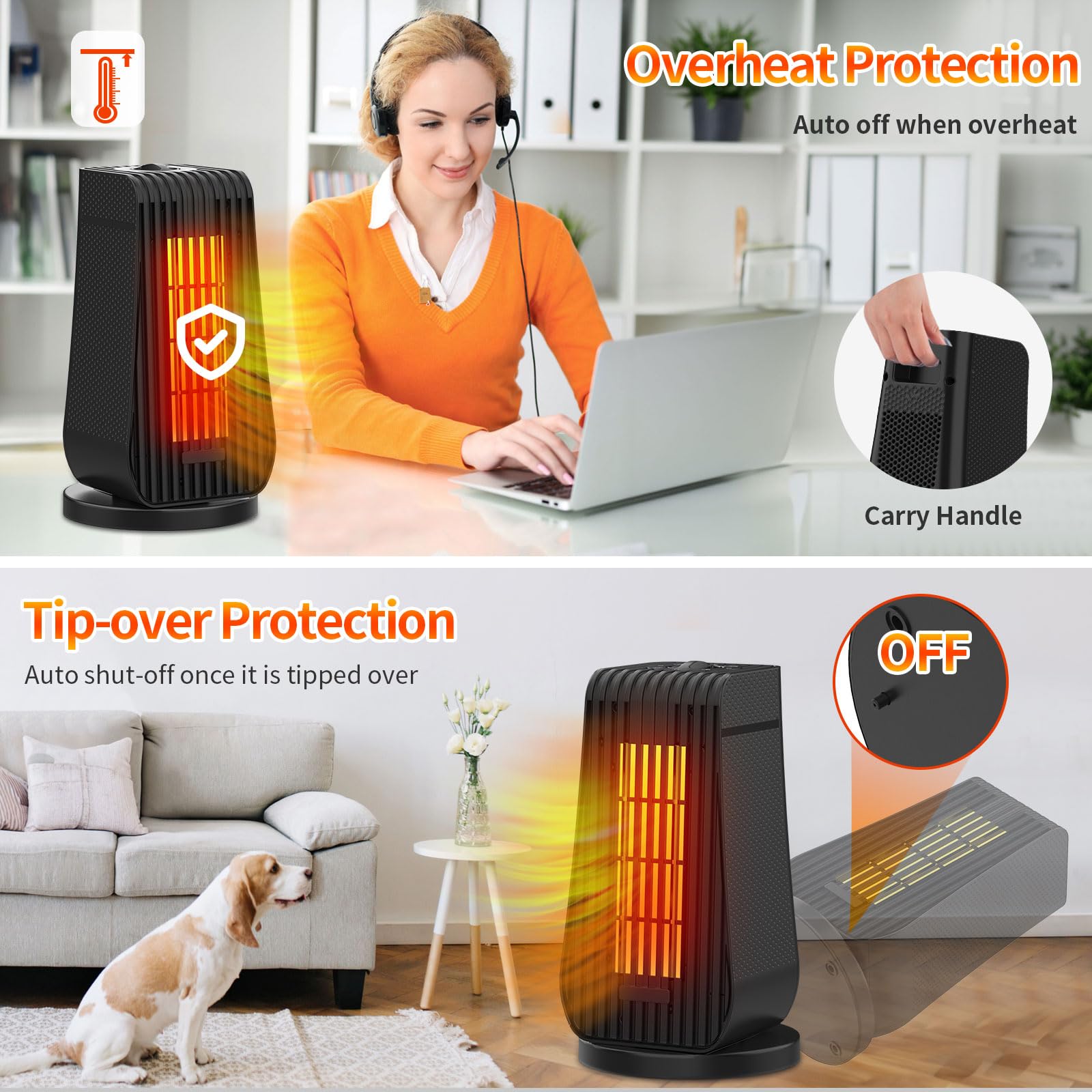 Qoosea Radiateur Soufflant Portatif 1200W 3s Chauffage Rapide PTC Mini Radiateurs 3 Modes de Chauffage Ventilateur Réglable Protection contre la Surchauffe Chauffage Électriques (Noir)