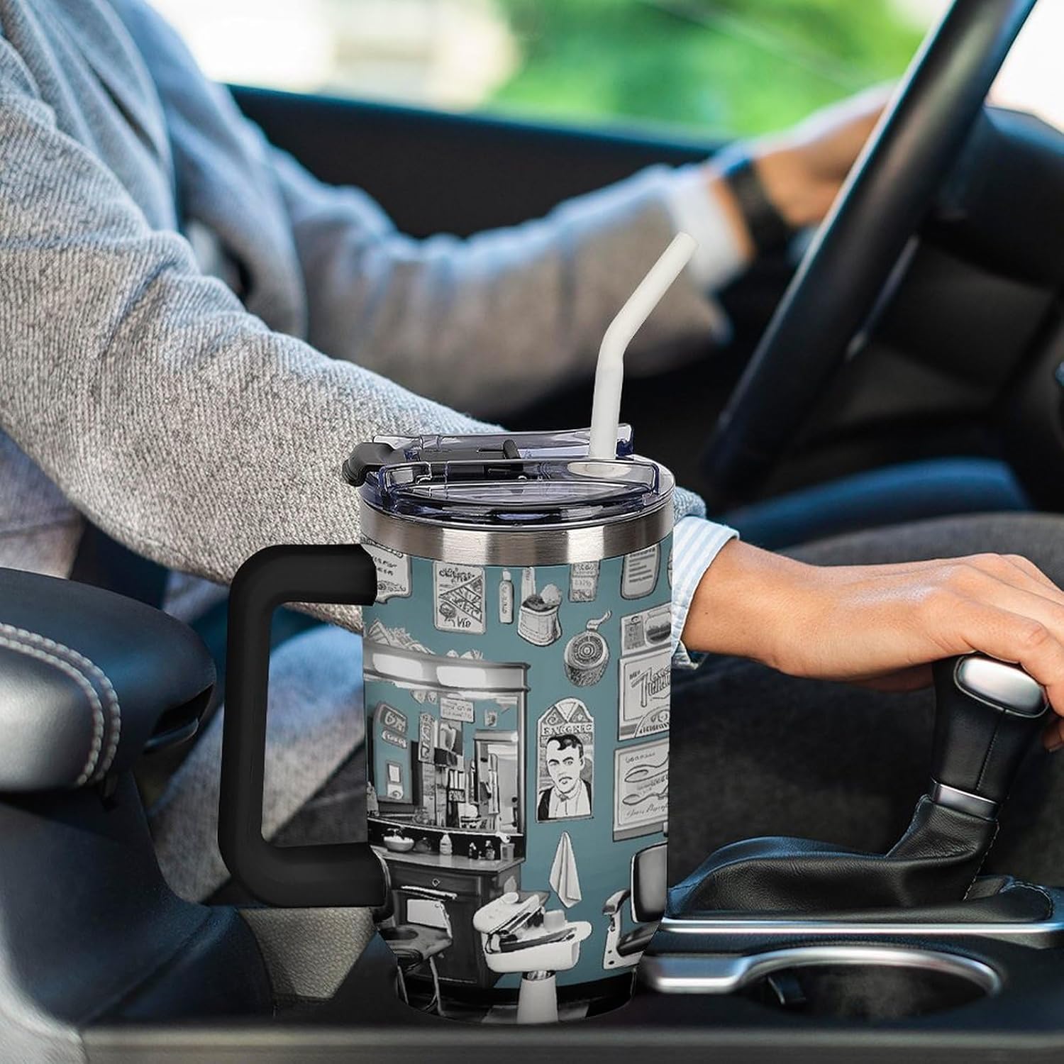 Barber Shop Tumbler Stainless Steel Large Car Cup with Handle&Straw Lid Portable Coffee Cup Leak-proof Water Bottle Insulated Vacuum Travel Mug for Home Outdoor 40oz