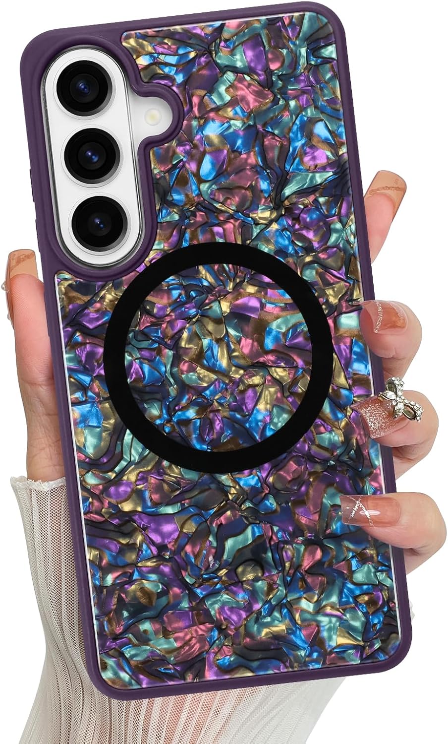 Magnetic for Samsung Galaxy S26 Ultra Case Glossy Abalone Pearl Shell Phone Case for Women Men, Compatible with Magsafe, Shockproof Protective Phone Cover, Classic Black