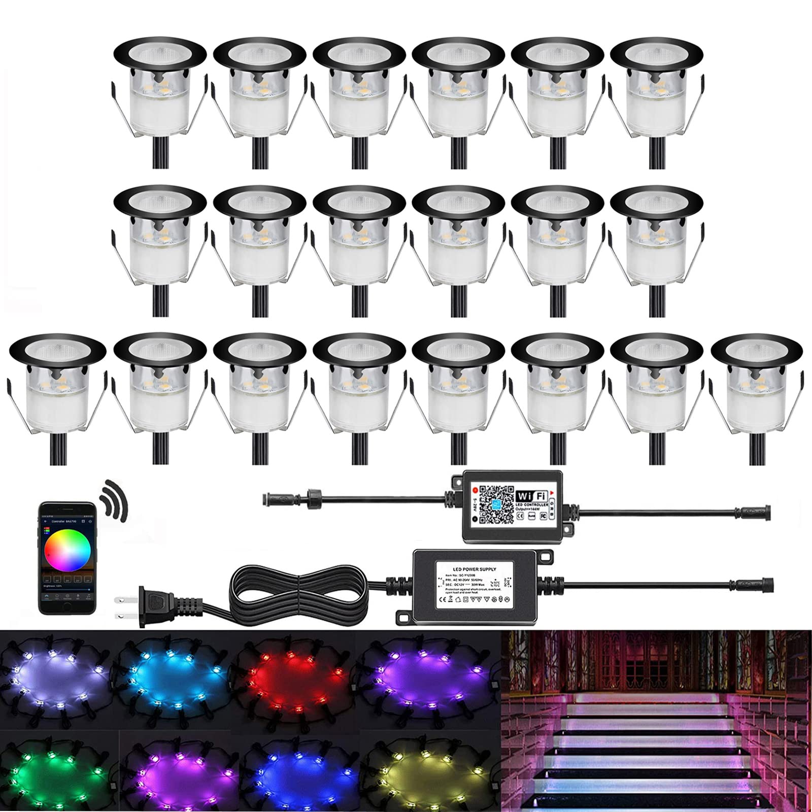 WiFi Controlled LED Deck Lights Multi Color RGB Outdoor IP67 Waterproof Φ1.18 Low Voltage Step In-Ground Lights,Smart Phone APP Controlled,Compatible with Alexa Echo and Google Home(20Pcs)