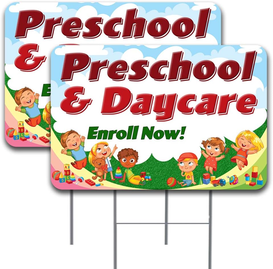 Preschool & Daycare Enroll Now! 2 Pack Yard Sign 16" x 24" - Double-Sided Print, with Metal Stakes (Made in The USA) 841098155247