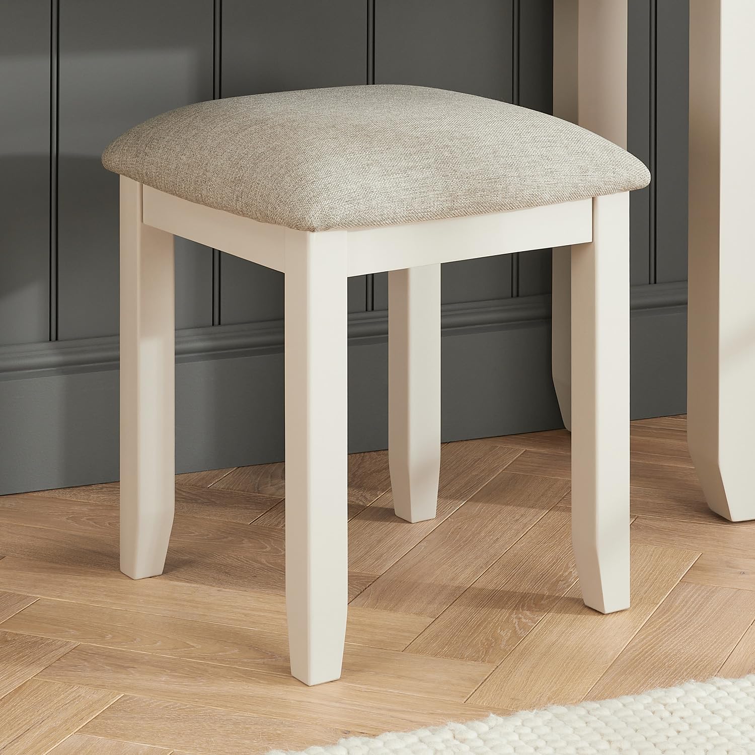 Cheshire Dove Grey Painted Dressing Table Stool | Solid Wood Construction | Upholstered Oatmeal Seat | No Assembly Required | Timeless Bedroom Accent | H 520mm x W 430mm x D 430mm