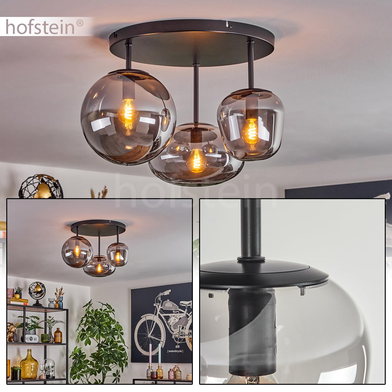 Deckenleuchte Zernez, Deckenlampe aus Metall/Glas in Schwarz/Rauchfarben, Leuchte im modernen Industrial-Design mit Schirmen aus Glas (Ø 19,5 cm; 22 cm; 14 cm), 3 x E14, ohne Leuchtmittel