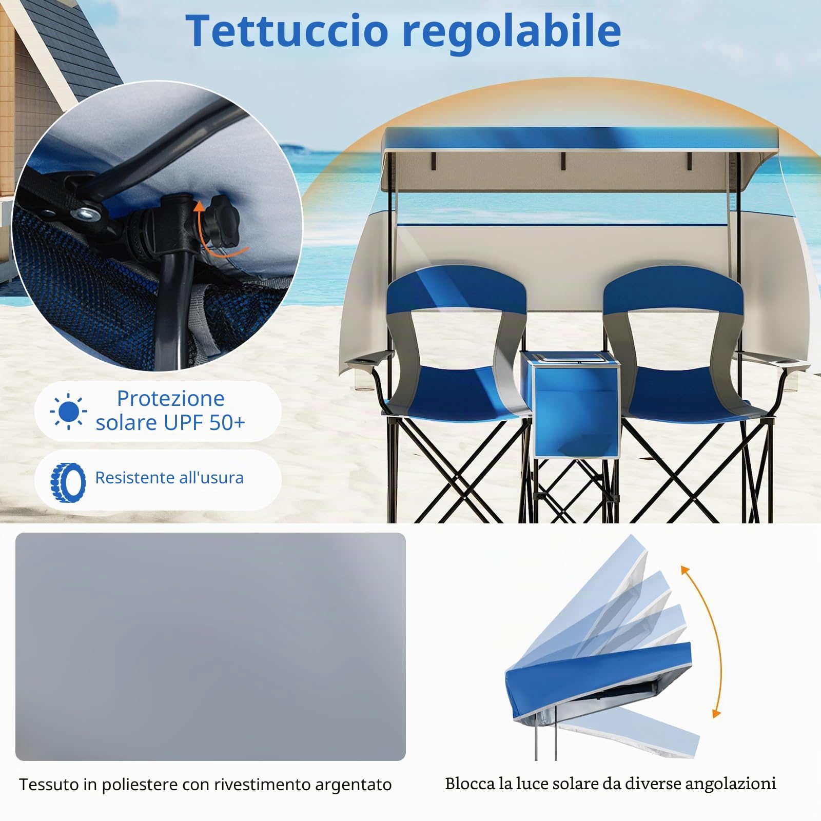 GIANTEX Set di 2 sedie da campeggio pieghevoli con tettuccio parasole, mini tavolo, borsa termica e porta bevande, sedia pieghevole per 2 persone, modello 2 blu scuro