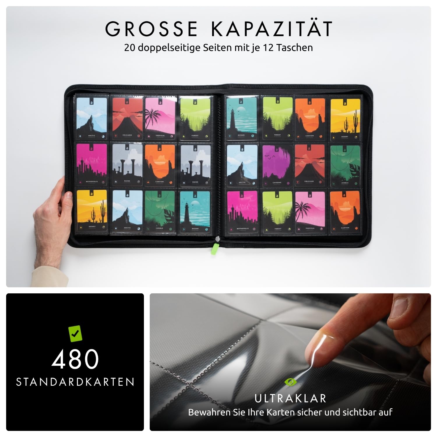 Vault X 12-Taschen-Trading-Kartenordner mit Reißverschluss, 480 Karten, Premium Exo-Tec-Albummaterial, 20 seitlich ladbare Seiten, Sammelordner für Sammelkartenspiele, Sportkarten, TCG (Schwarz)