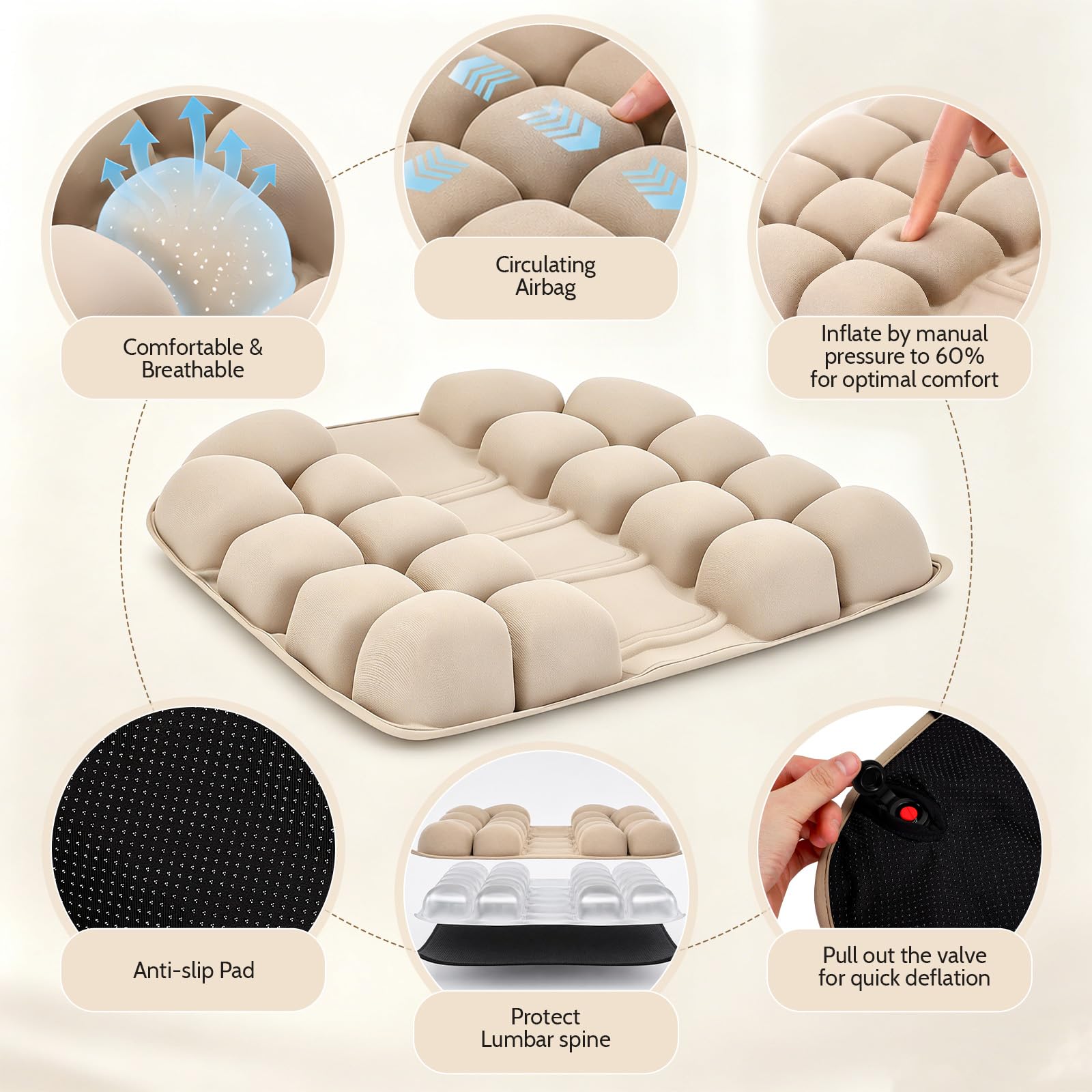 Cuscino antidecubito da 44 x 42 cm, con 30 camere d'aria, ortopedico, ergonomico, gonfiabile, per alleviare il carico del coccige quando si è seduti a lungo, per auto, ufficio, casa, sedia a rotelle e
