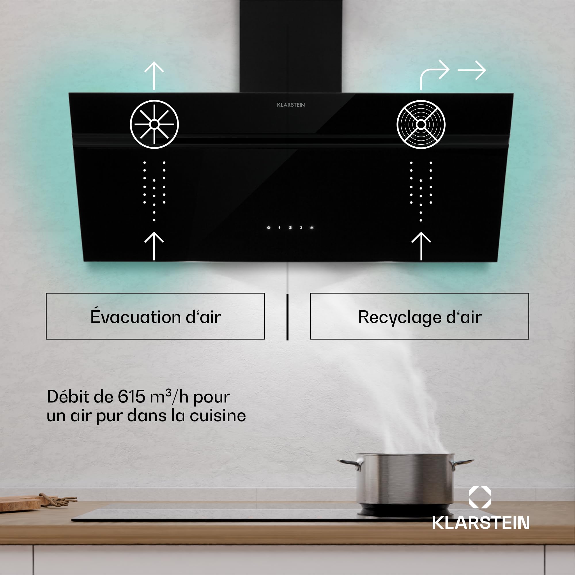Klarstein Alina hotte aspirante 90 cm murale 615 m³/h LED 9 couleurs tactile classe A 54 dB noire extraction recirculation