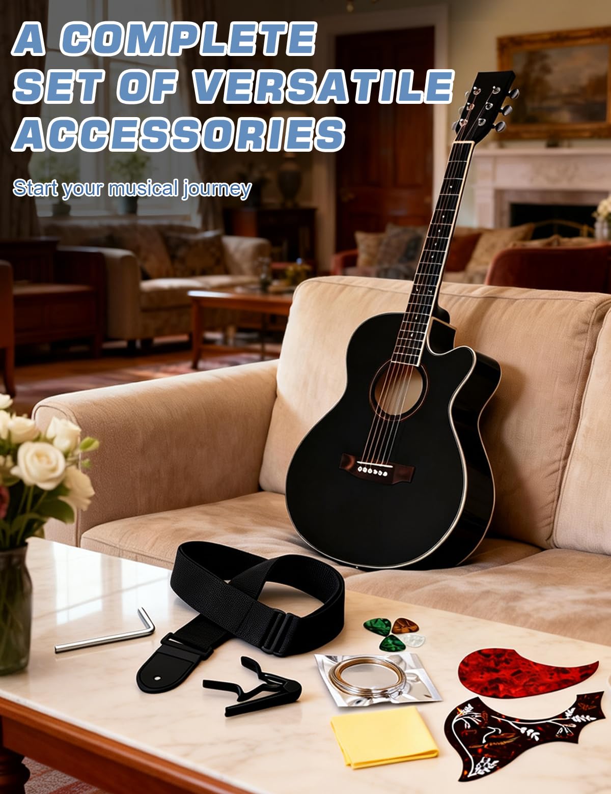 Gitara akustyczna 104 cm dla początkujących dorosłych pełny rozmiar wycięta gitara zestaw zestaw - czarny pakiet z torbą koncertową, tunerem, paskiem, struny, kostki, kapodaster