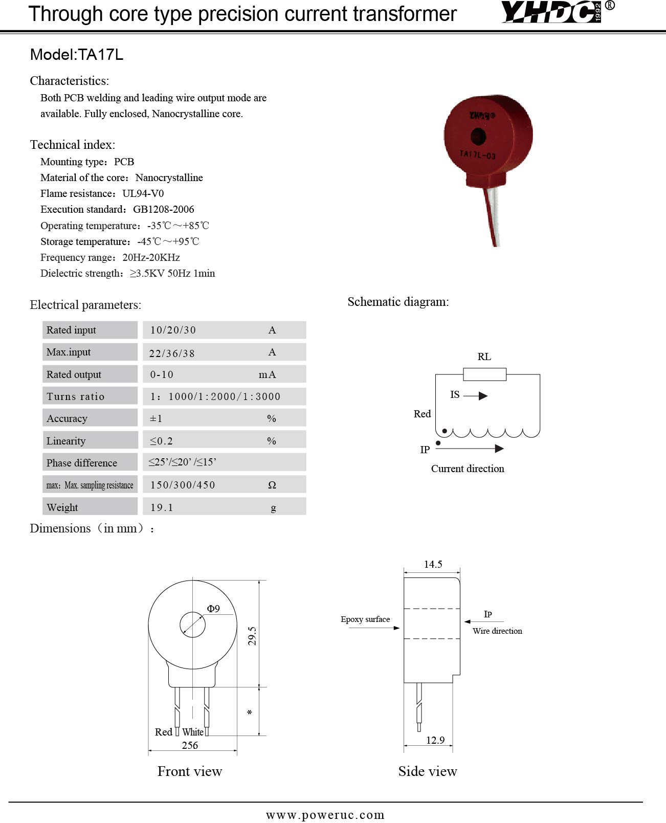 YHDC Transformador de corriente de alta precision (Estilo agujero) TA17L-04 0-20A/0-10mA