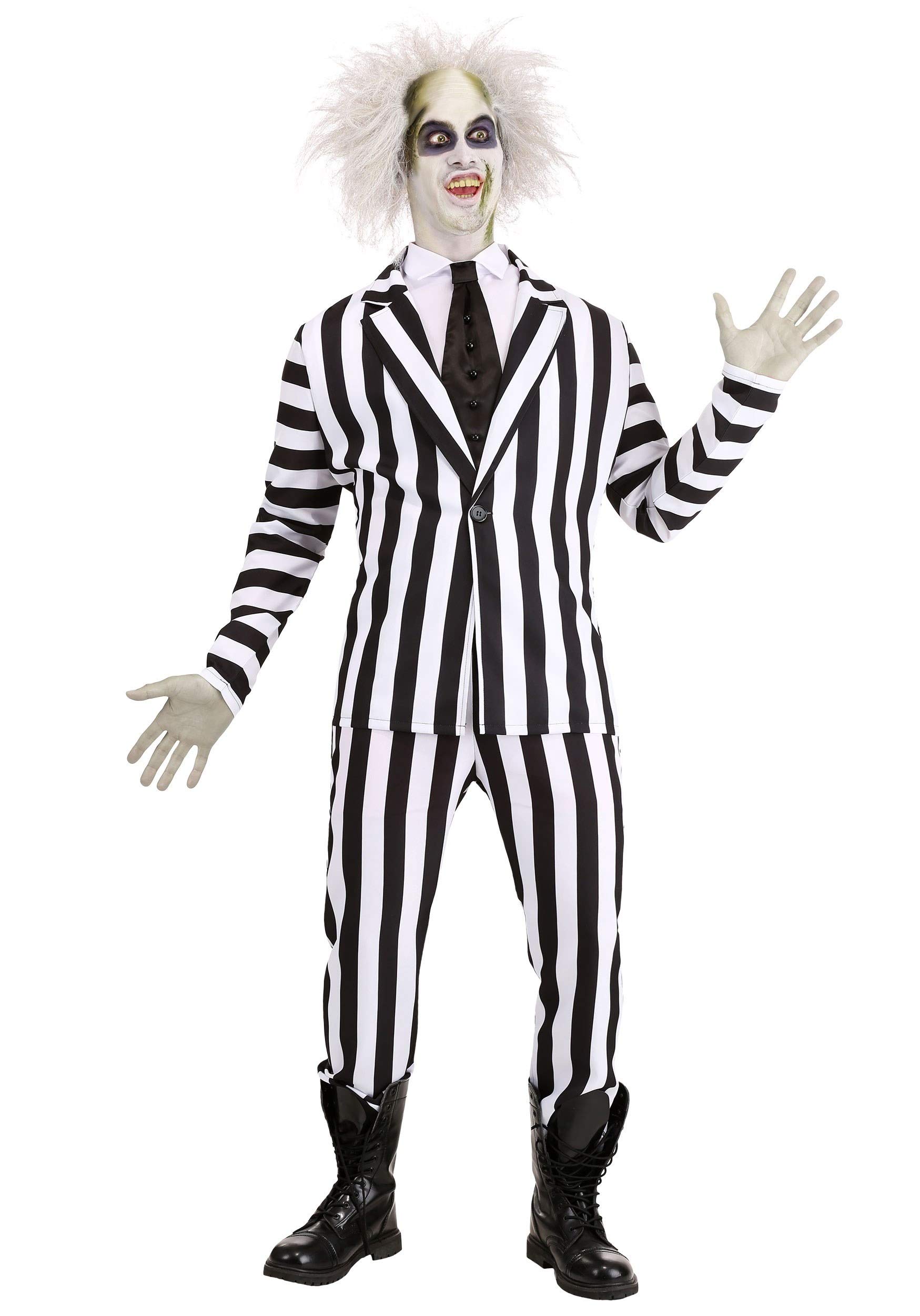 Beetlejuice Costume for Adults - Black & White Striped Tuxedo Jacket, Pants, Shirt & Tie, Officially Licensed