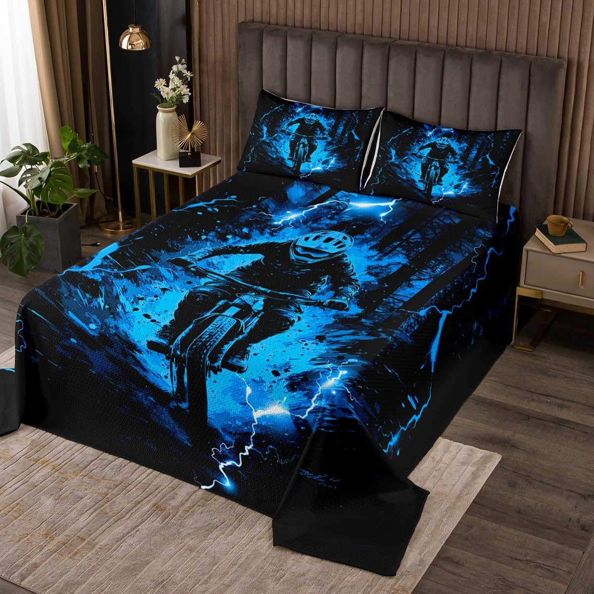 jejeloiu Motorcycle Bedspread for Girls Boys Kids Queen Size Dirt Bike Coverlet Set Room Decor Extreme Sports Quilted Coverlet Blue Black 3Pcs Bedclothes Breathable Soft Lightweight Microfiber