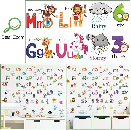 Miniatura 3 de Calcomanías de pared de dibujos animados 3D de animales de la A a la Z, letras de aprendizaje temprano 1-9, calcomanías de pared para despegar y