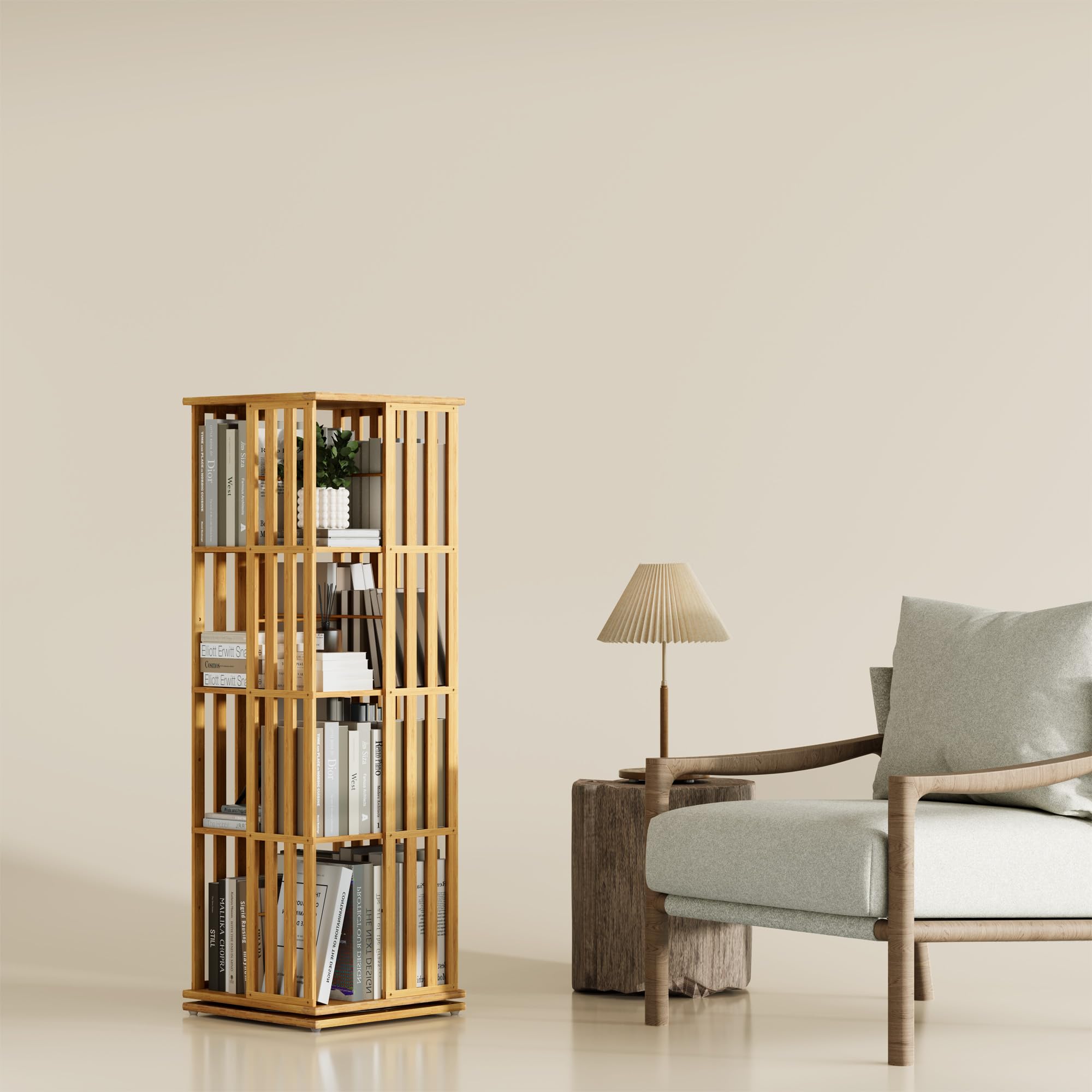 YOWOS Rotating Bookshelf Tower, 360 Display Spinning Bookcase, Bamboo Bookshelf Floor Standing Storage Rack, Wood Narrow Book Shelf Organizer for Kids