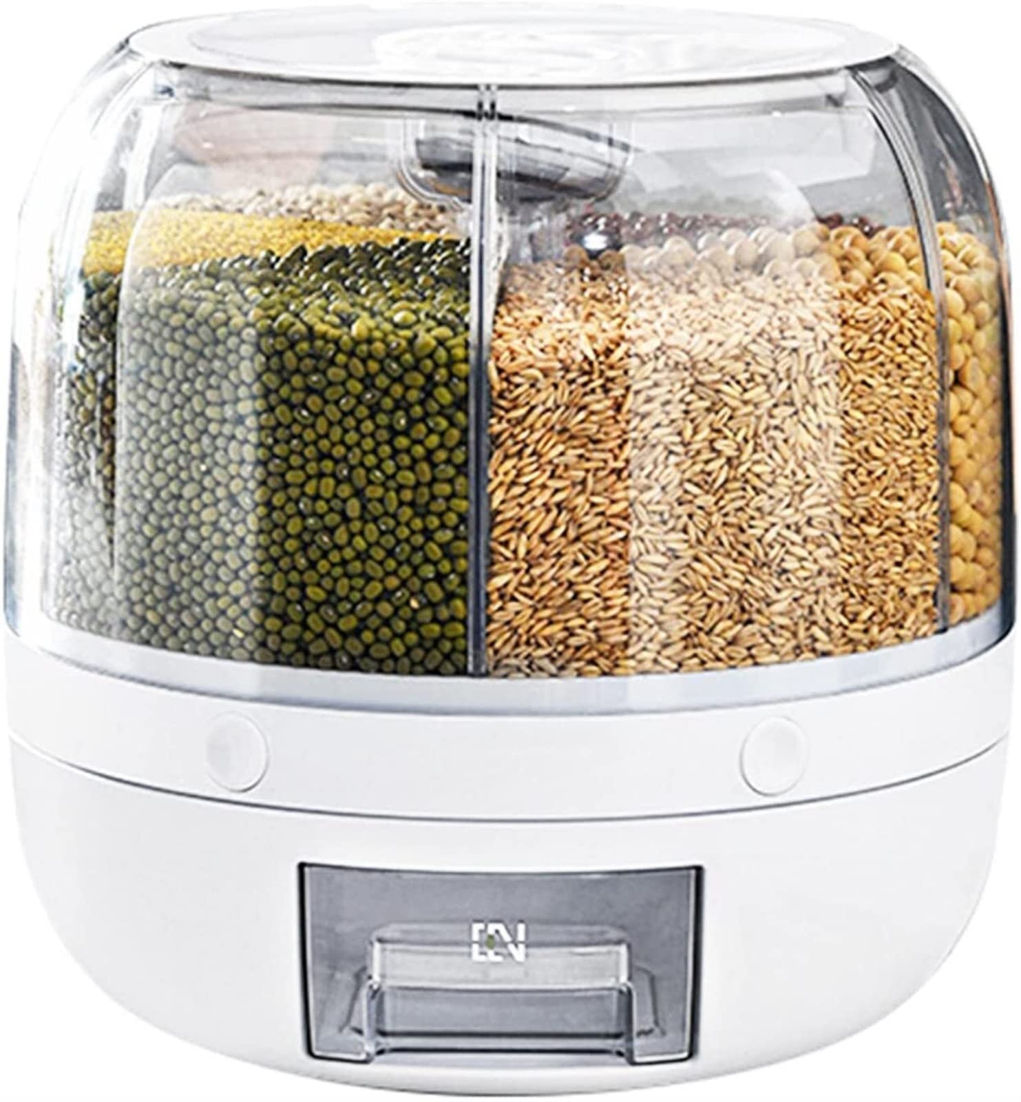 Contenitore per riso, girevole a 360°, grande capacità di 3,2 kg, 6 griglie, dispenser per alimenti rotante, visibile e rotondo, per cereali, snack, caramelle, chicchi di caffè, fai
