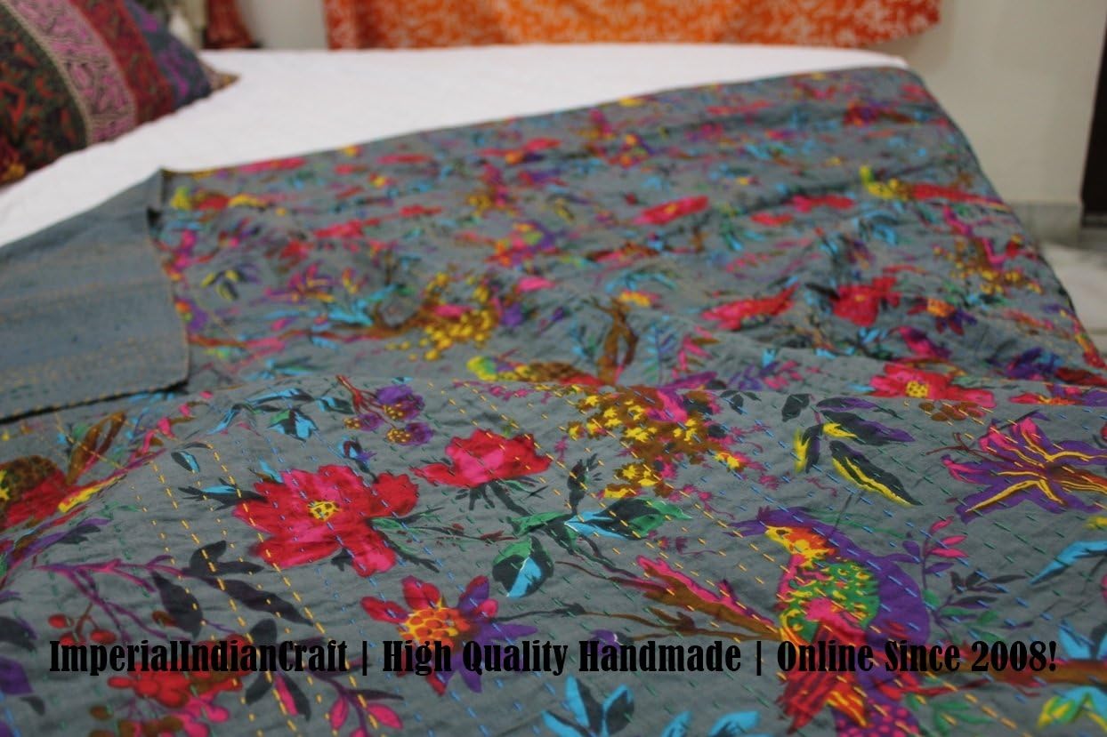 Sunita Enterprises 100% Handmade Indian Kantha Quilt Blanket Comforter - Grey Shade Flowers Bird of Paradise Print Quilt, Ethnic Bohemian, Mediterranean Bedding | Premium Quality | King Size