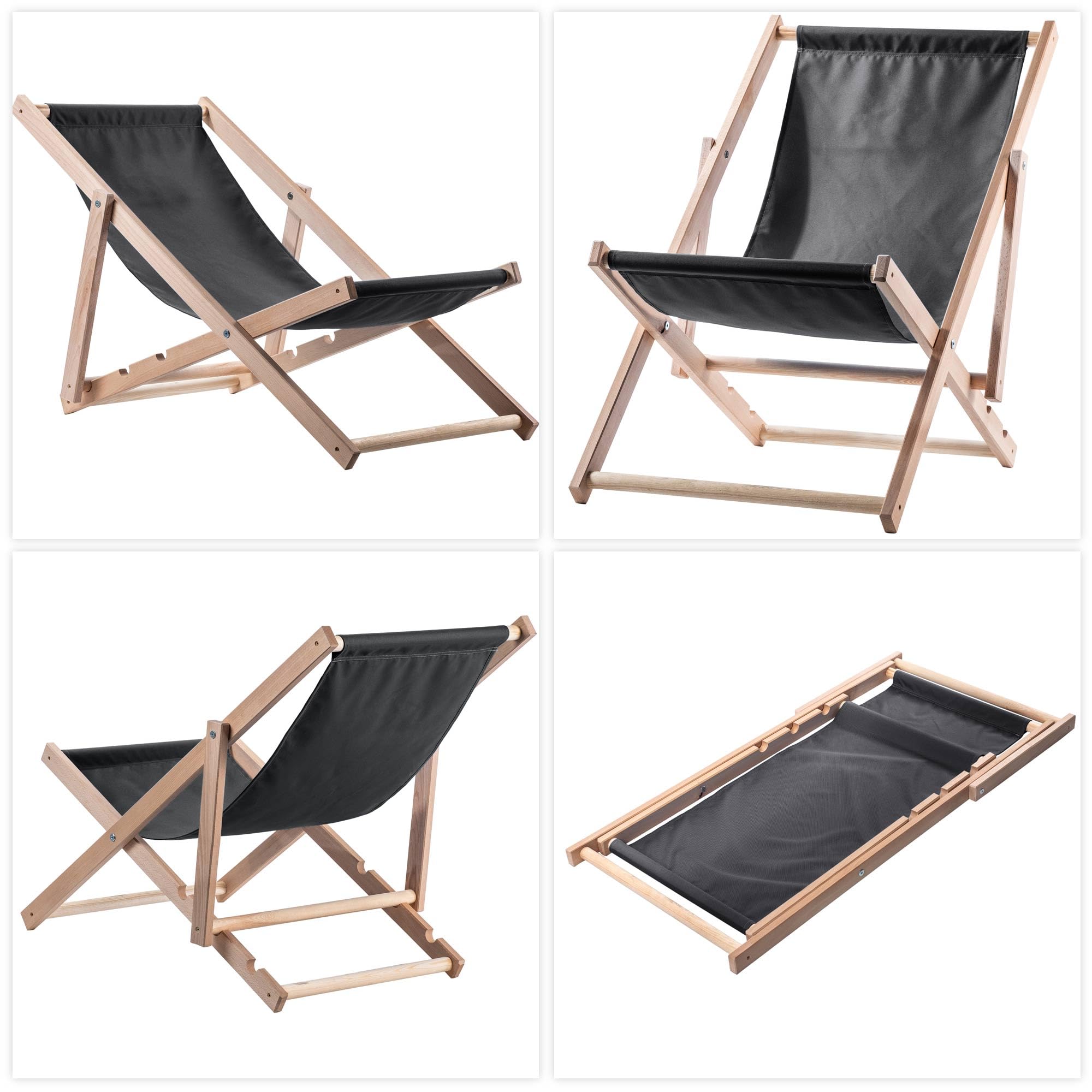 KADAX Ligstoel, strandstoel van hout, zonnebed tot 120 kg, ligstoel van beukenhout, houten klapstoelen, strandstoel, klapstoel voor strand, houten ligstoel (grafiet