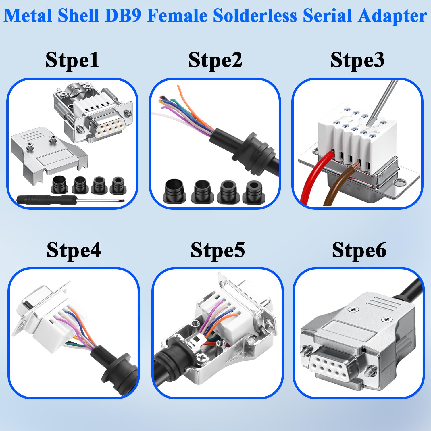 QIANRENON Adattatore seriale compatto DB9 senza saldatura, alloggiamento in metallo DB9 femmina crimp terminale connettore placcato oro D-SUB 9 pin senza saldatura, bullone anteriore laterale