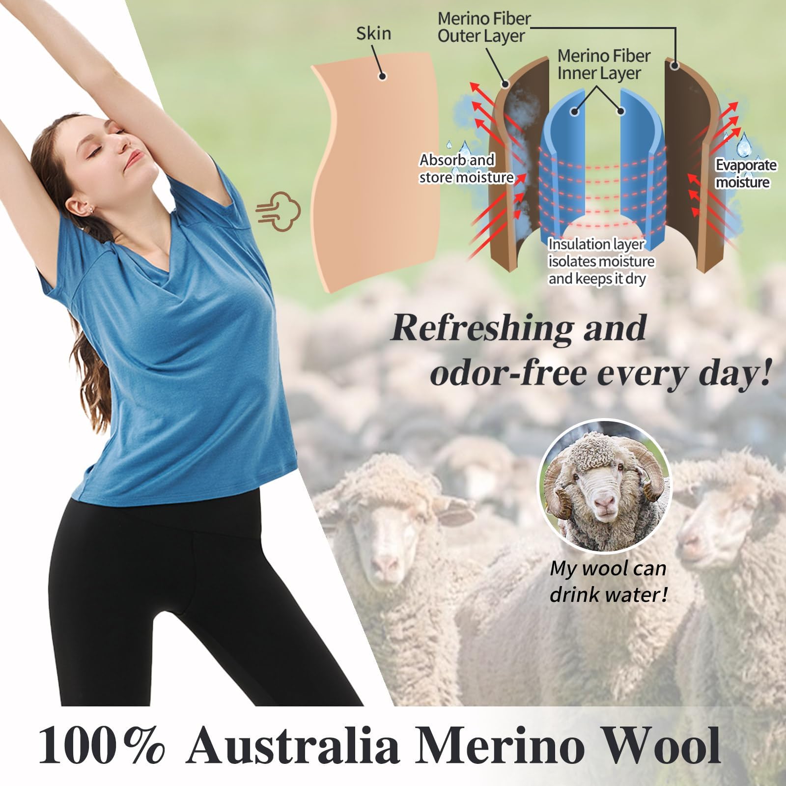 Merino Protect 100% Lana Merino Magliette Donne Collo V Maniche Corte Resistenza Odore Strato Base Viaggio Escursionismo Base Layer