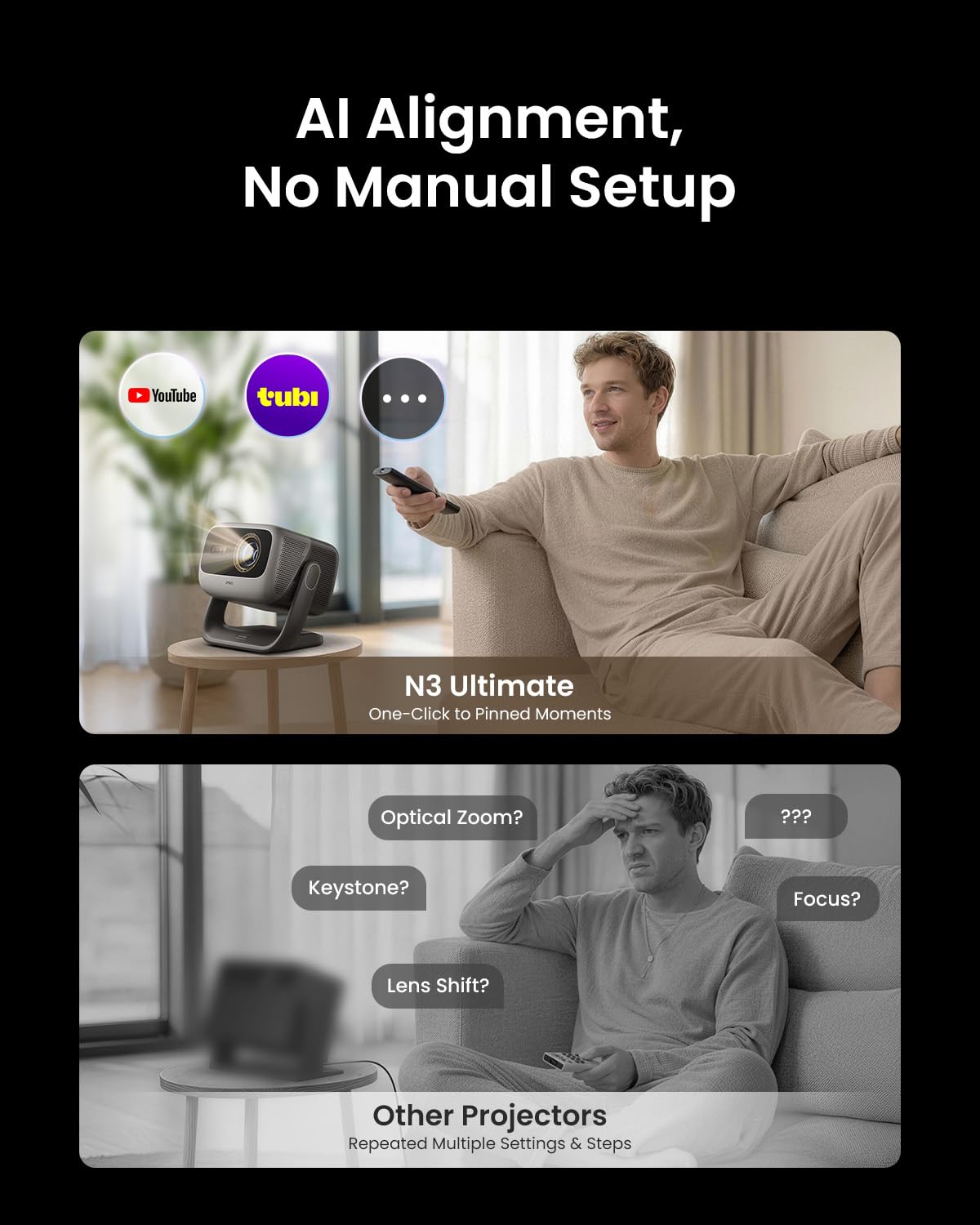 JMGO N3 Ultimate Projektor 4K Triple Laser, 5800 lumenów ISO, Google TV z Netflix, Lens Shift, zoom optyczny, zmotoryzowany gimbal AI, Dolby Vision, 300″, kontrast 20000:1, gaming 1ms, VRR, ALLM
