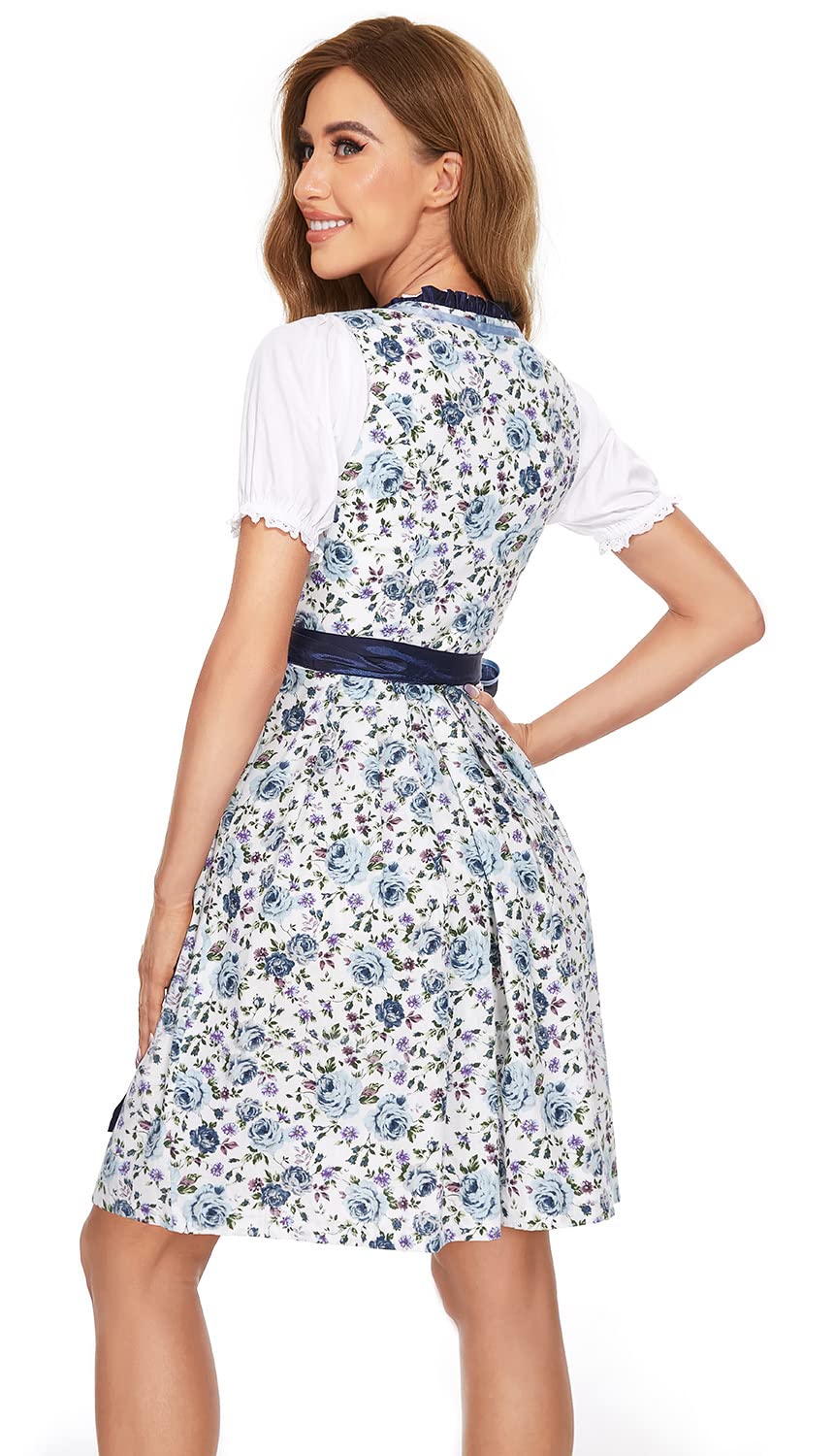 BENNIES Sukienka Ludowa Dirndl Damska Midi - Granatowa z Kropką Polka, Fartuch w Kratkę Różową, Jedwabna Wstążka - Dla Dorosłych, Rozmiary 34-48