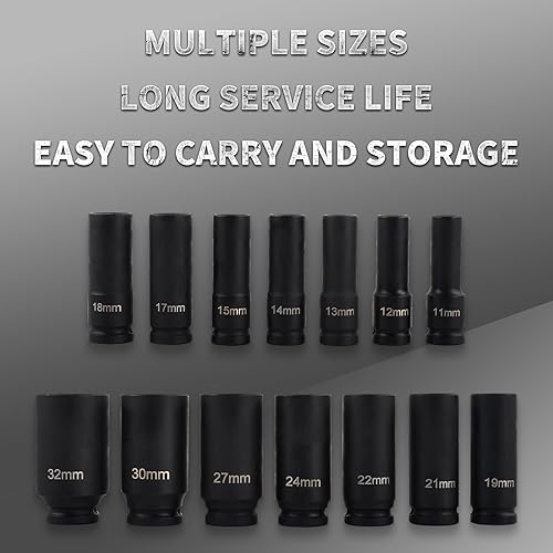 Miniatura 5 de Juego de llaves de vaso de impacto profundo de 12 pulgada, 14 piezas de 6 puntos, tamaños métricos de 0.433-1.260 in (11 12 13 14 15 17 18 19 21 22