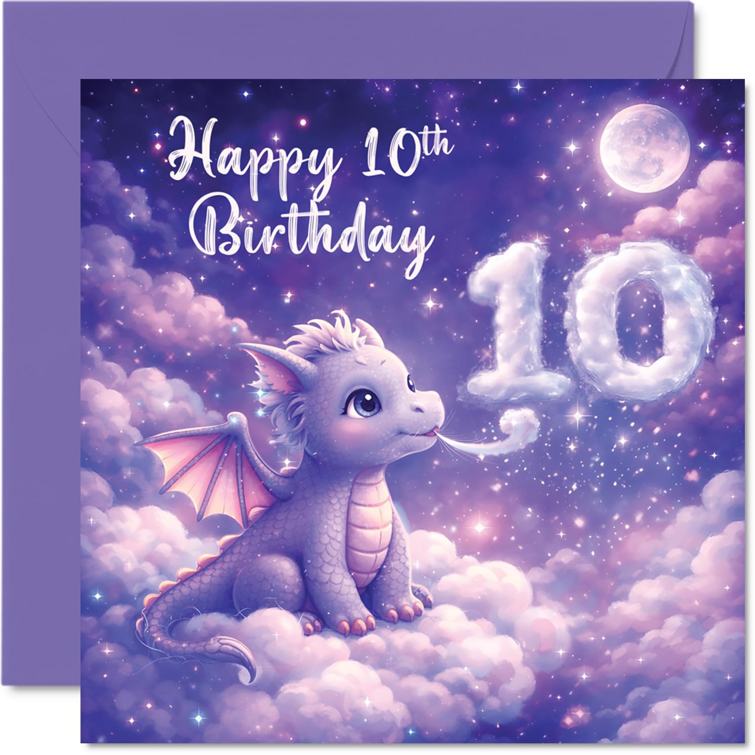 Cute 10th Birthday Card - Whimsical Dragon on Fluffy Clouds - Magical Stars and Vibrant Purples - Perfect for Celebrating a Special 10th - 145mm Square, Envelope Included