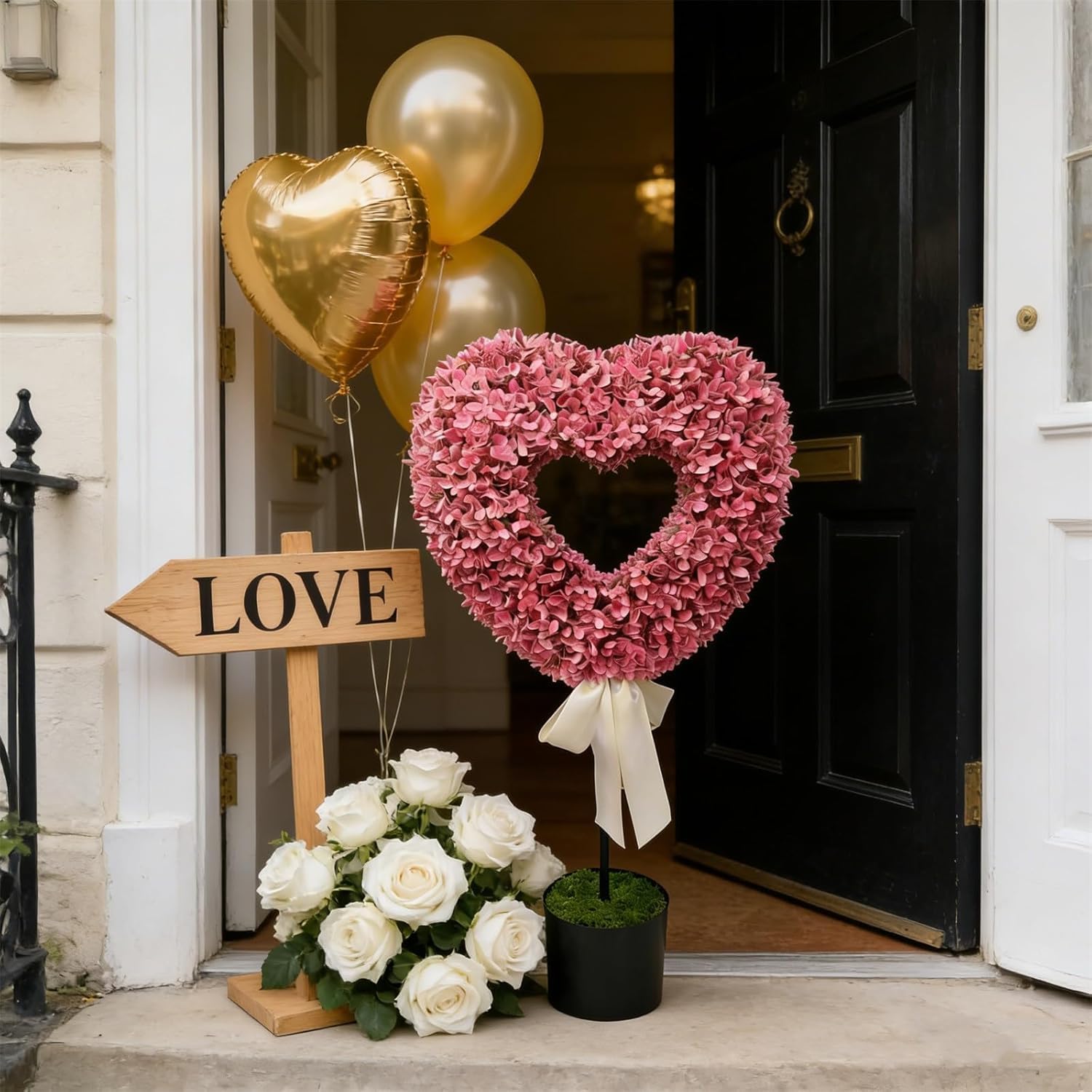 2.5 ft Heart Topiary Outdoor, Boxwood Heart Topiary, Valentine's Day Heart Shaped Topiary Trees with Bow, Artificial Greenery Decor Heart Ball Planter Pots, Faux Plant for Home Decor (2PCS-D)