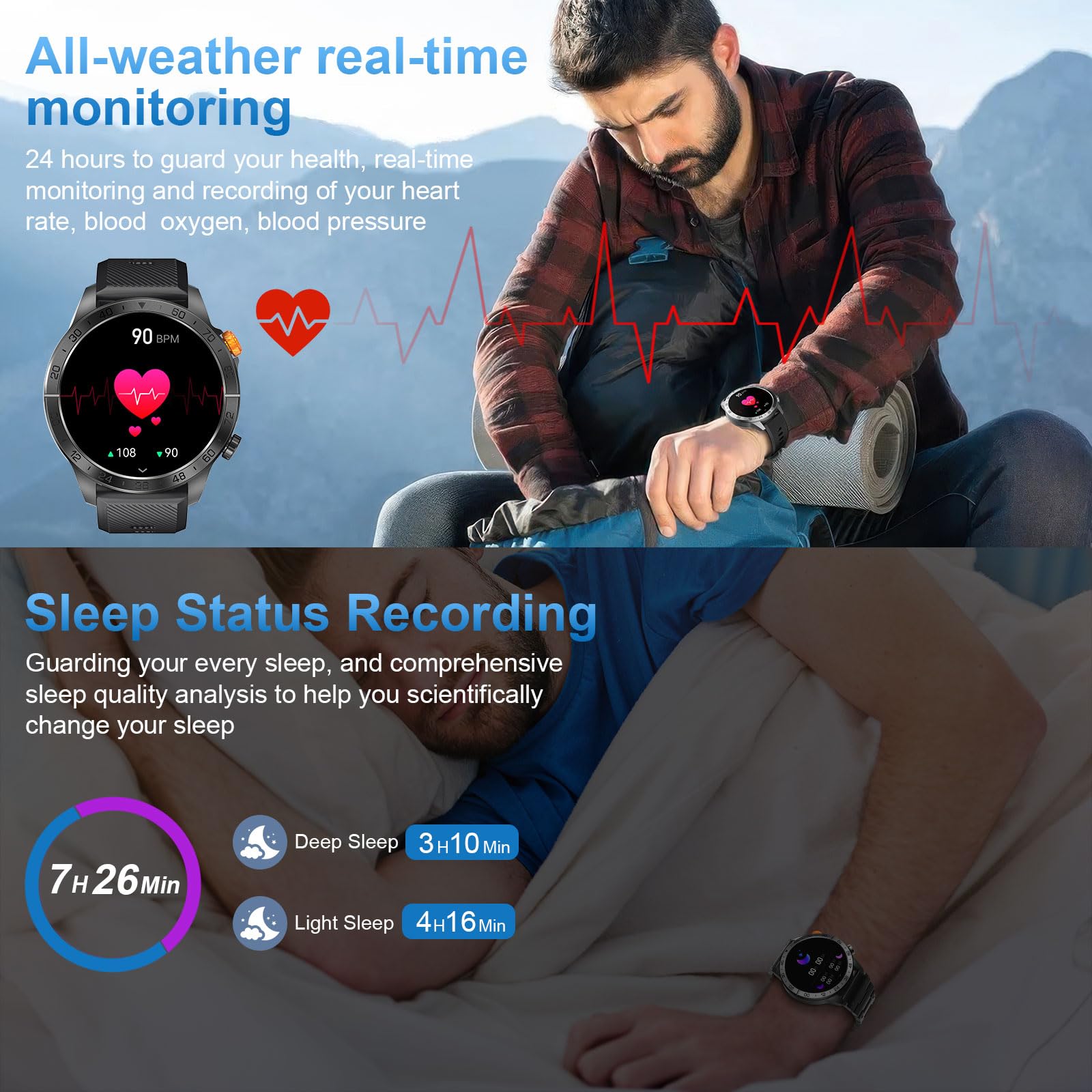 Loekneue New Smartwatch Herren mit Telefonfunktion,1,43" AMOLED Display 100+ Sportmode Armbanduhr mit IP68 Wasserdichter/Schrittzähler/SpO2 Schlafmonitor/Fitnessuhr für iOS Android (schwarzer Stahl)