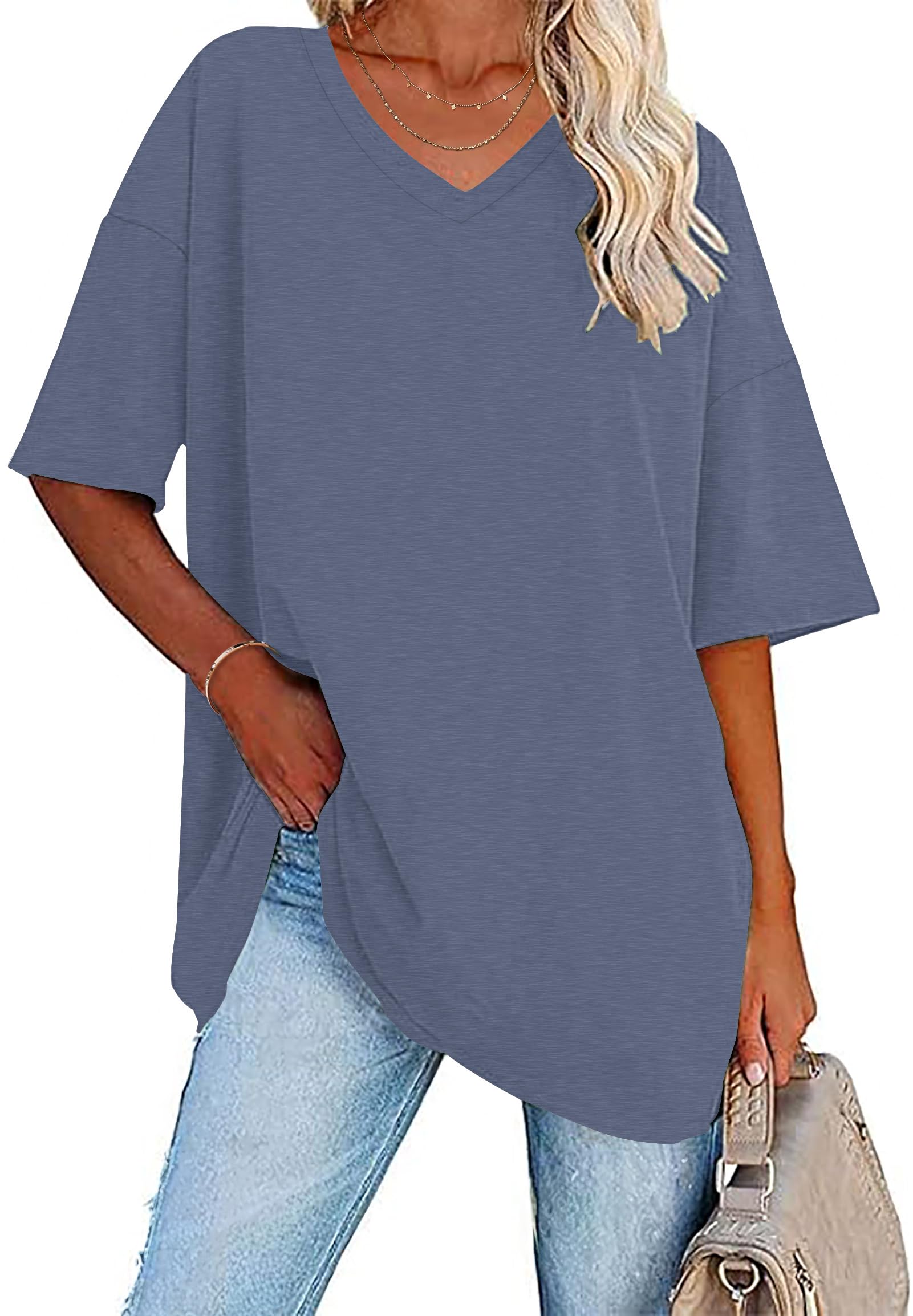 WNEEDU T-Shirt Damen Sommer Oversize Shirt Kurzarm V Ausschnitt Oberteile lässiges Top