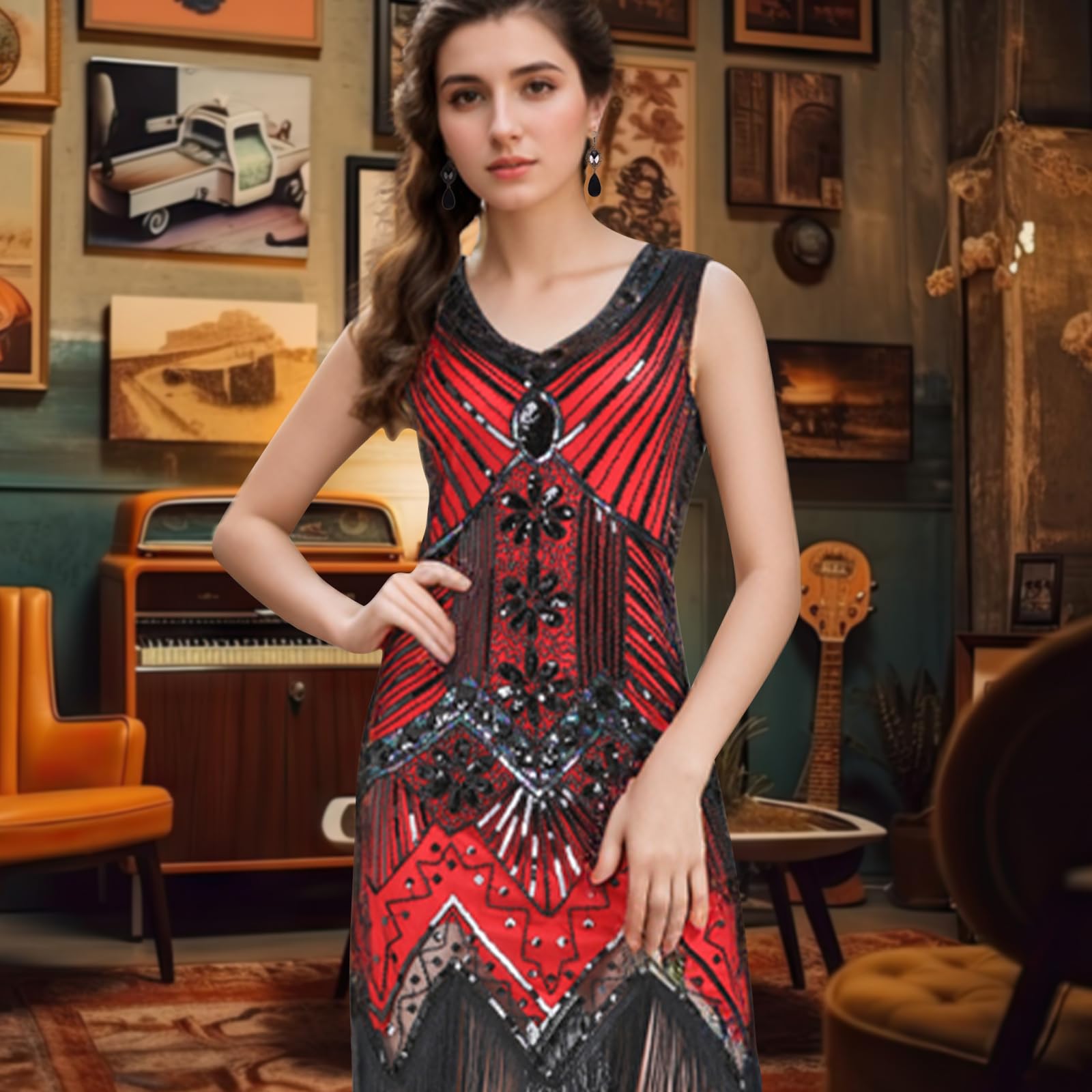 ELECLAND Vestido de flecos con cuentas de lentejuelas y cuello en V de los años 20 con conjunto de accesorios de los años 20