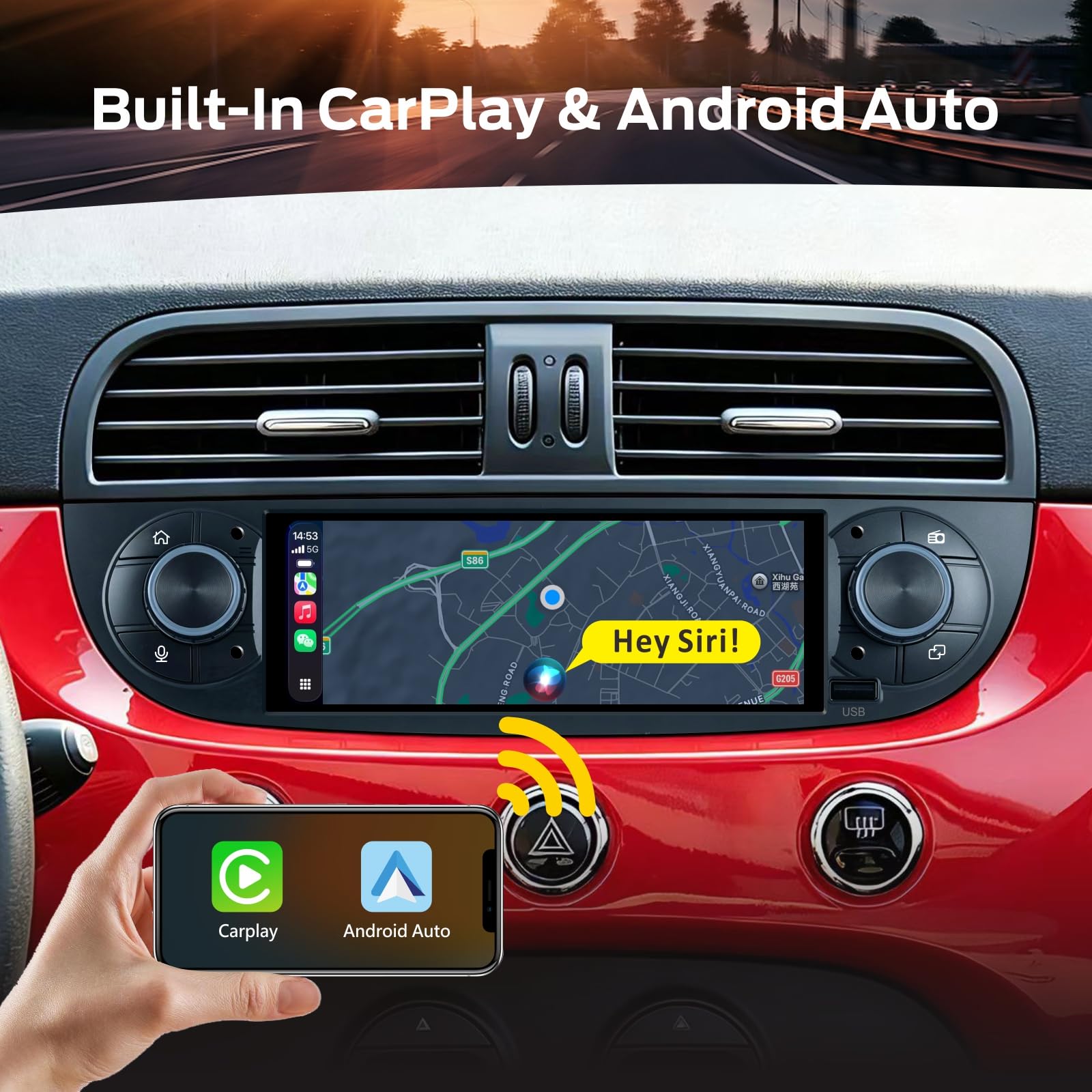 Linux-Autoradio für FIAT 500 2007-2015 mit kabellosem CarPlay und Android Auto, 2-Sekunden-Boot, physische Drehregler, OEM-Sound, Plug & Play ISO-Anschluss, Schwarz