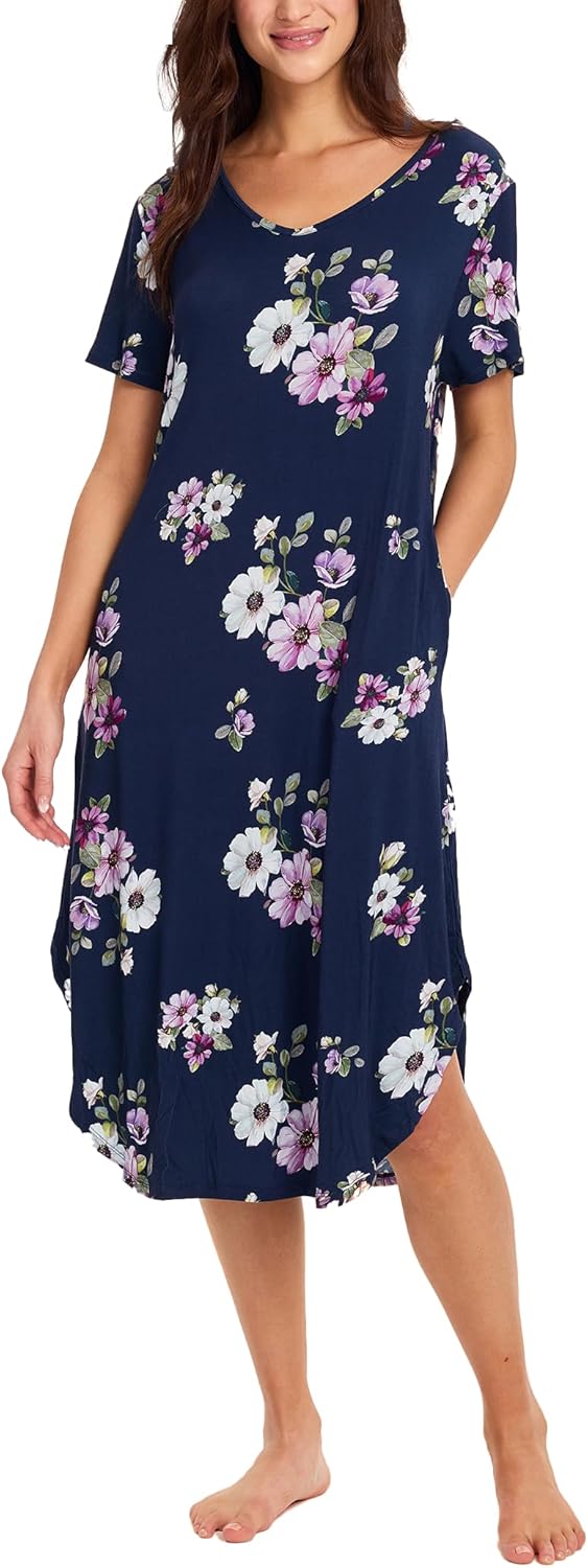 GYS Bamboo Viscose Nightgowns for Women Short Sleeve V Neck Night Shirts with Pockets