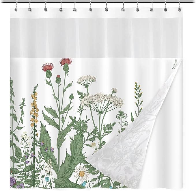 Green Floral Shower Curtain with Snapin Fabric Liner, Flower Shower Curtains with
