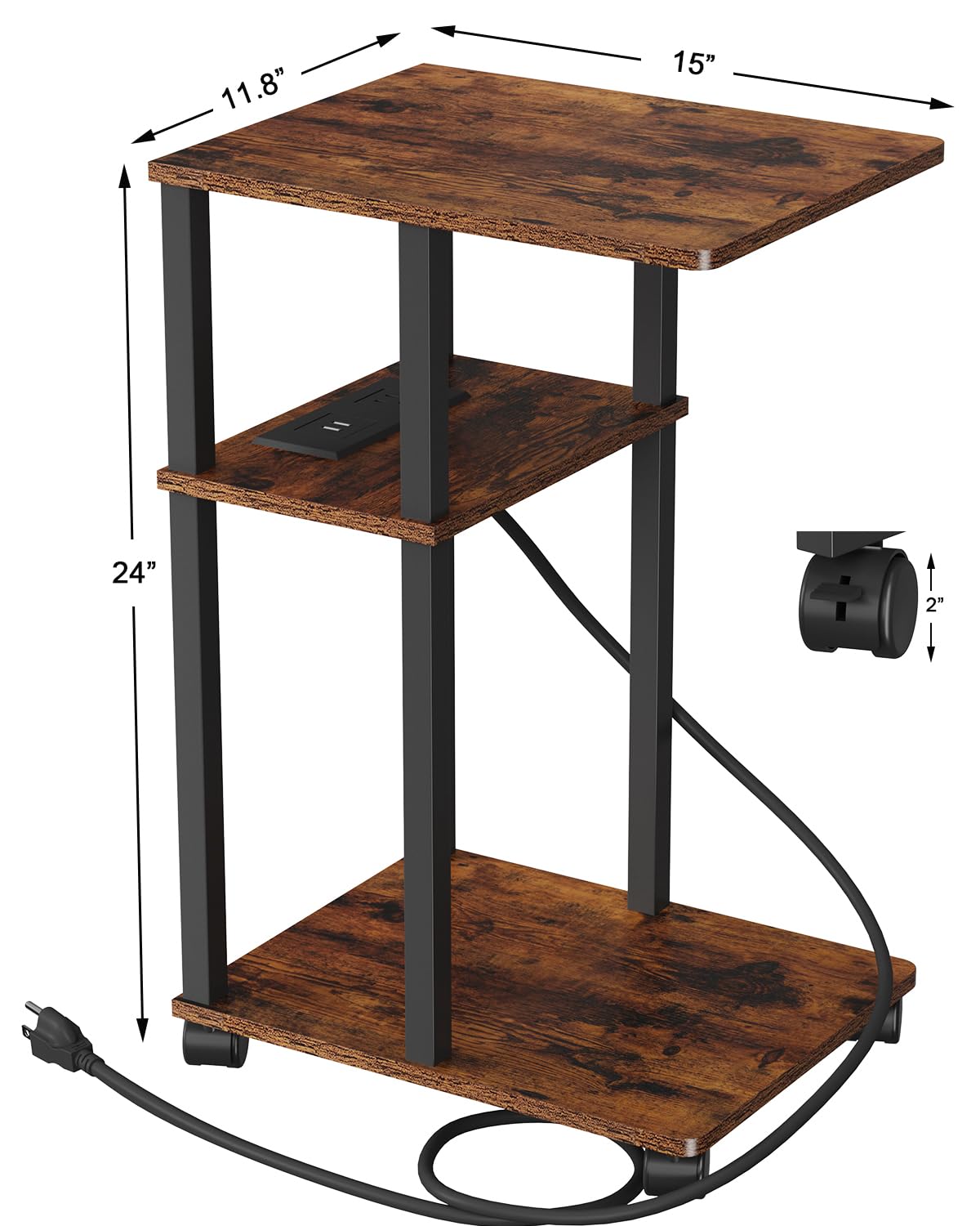 VIMBER C Shaped End Table with Charging Station, Beside Table with 3-Tier Storage and Lockable Wheels, Side TV Tray for Living Room, Nightstand with 2 USB Ports and Outlets for Bedroom