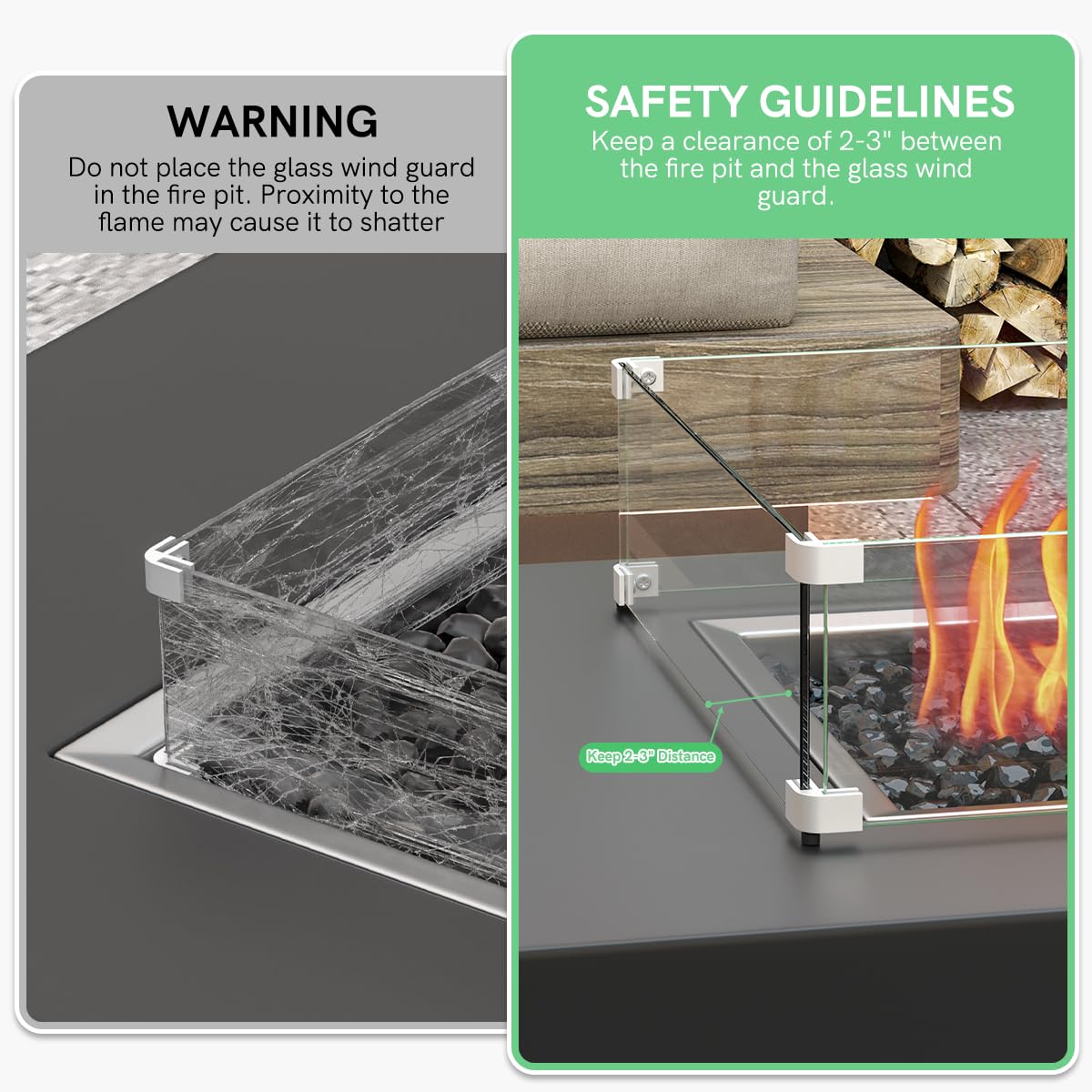 Protector de viento de vidrio de 16 x 16 x 6 pulgadas para mesa de fogata de gas propano, escudo cuadrado de vidrio templado grueso, barrera de vidrio para chimenea con soporte de esquina