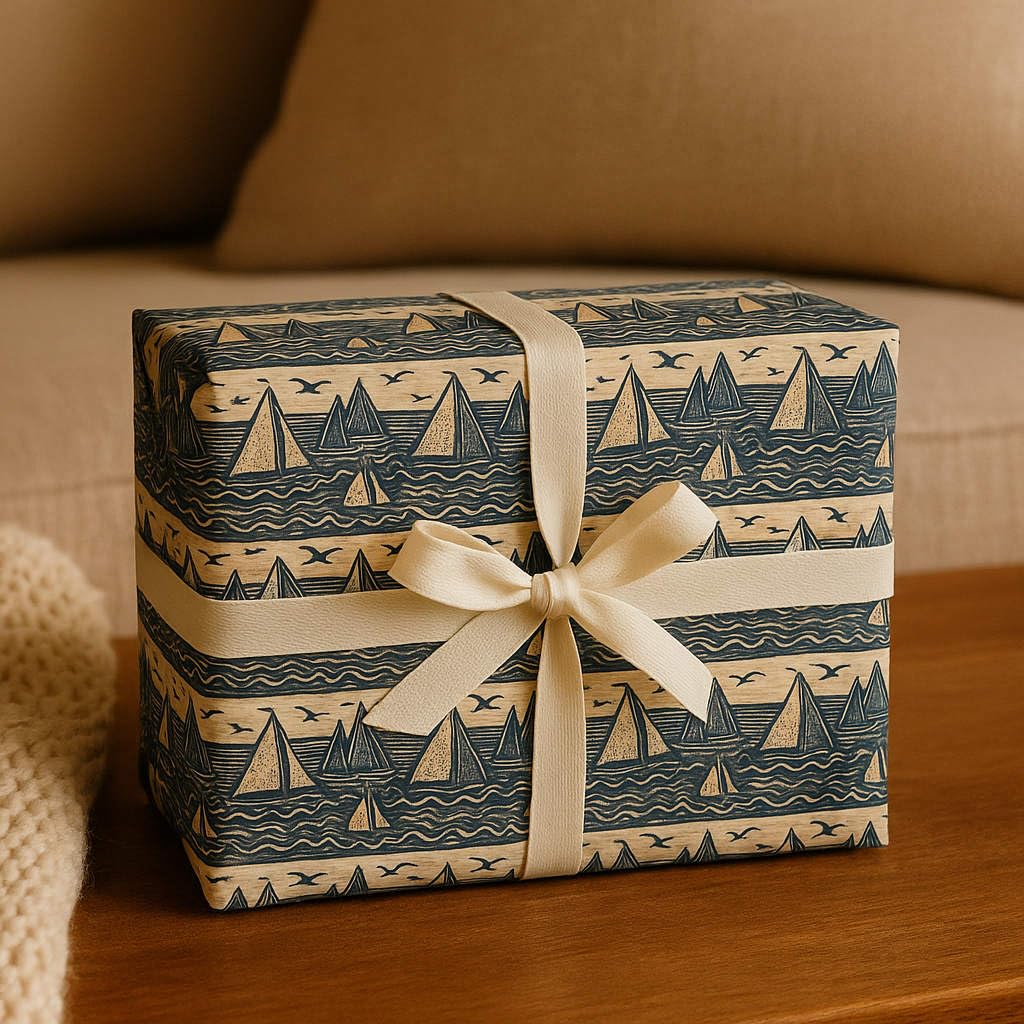 SAILING BOATS Gift Wrapping Paper, Large Sheets - Paper size 48x66cm, 2 Sheets with 4 Gift Tags